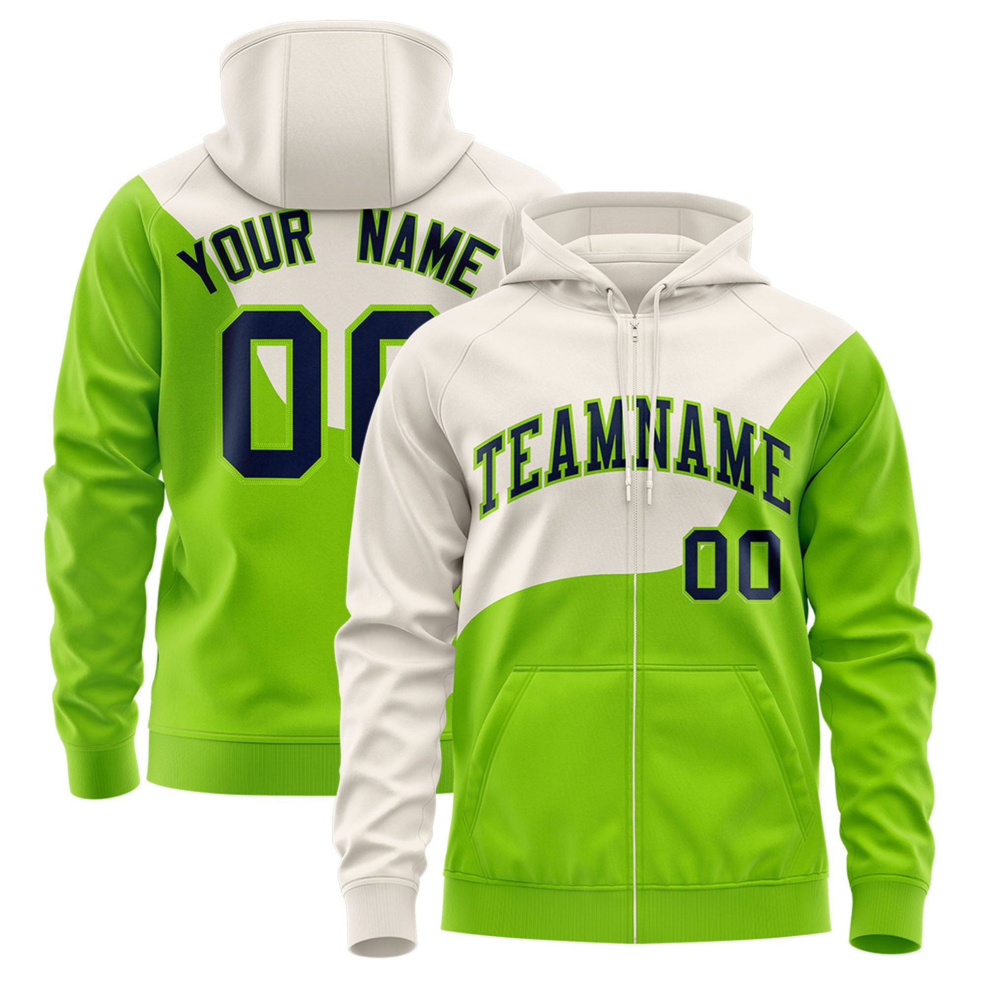 Custom Cream Neon Green Color Block Varsity Full-Zip Letterman Wave Hoodie Jacket