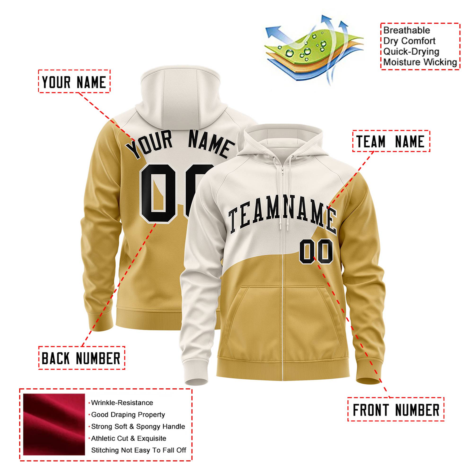 Custom Cream Old Gold Color Block Varsity Full-Zip Letterman Wave Hoodie Jacket