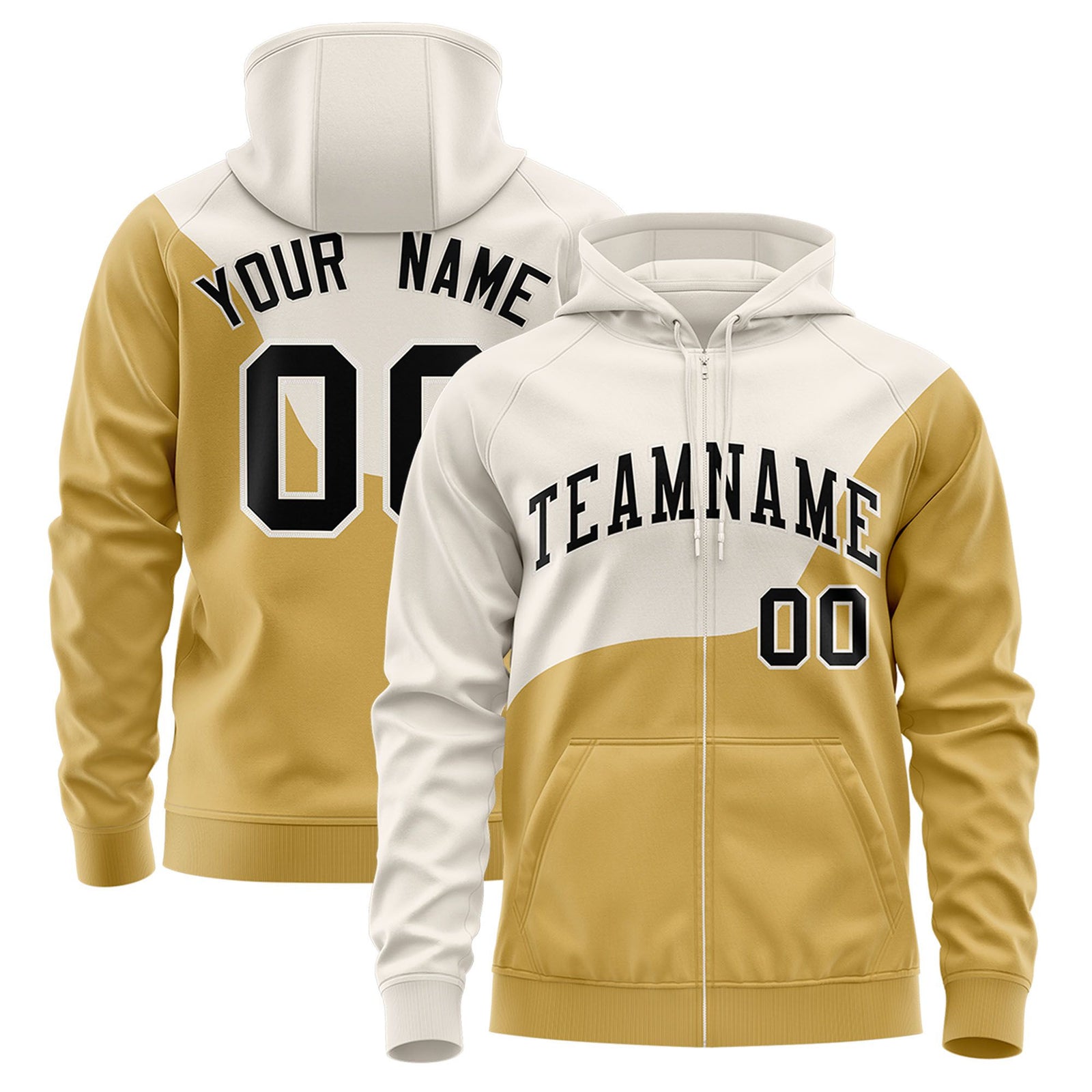 Custom Cream Old Gold Color Block Varsity Full-Zip Letterman Wave Hoodie Jacket