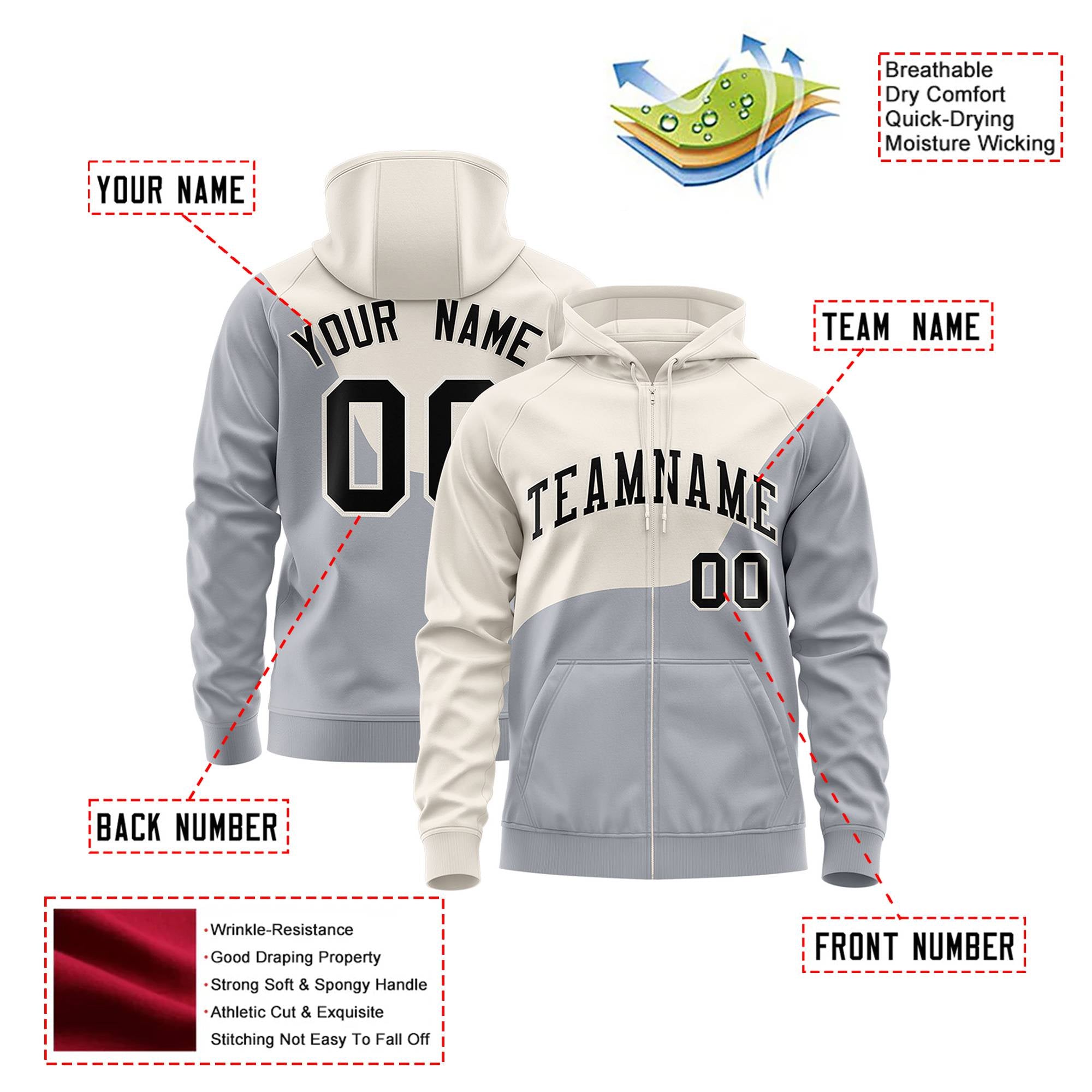 Custom Cream Gray Color Block Varsity Full-Zip Letterman Wave Hoodie Jacket