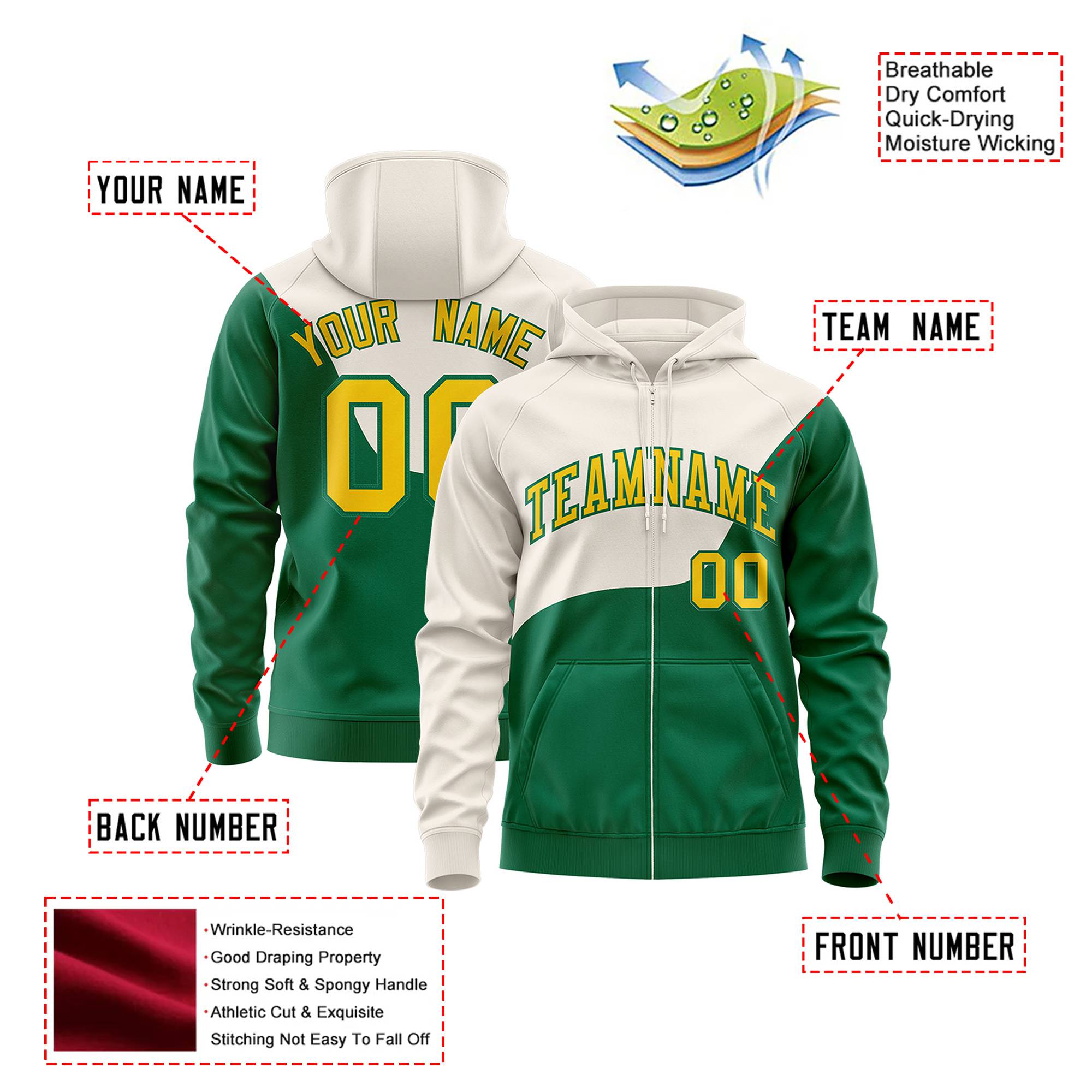 Custom Cream Kelly Green Color Block Varsity Full-Zip Letterman Wave Hoodie Jacket