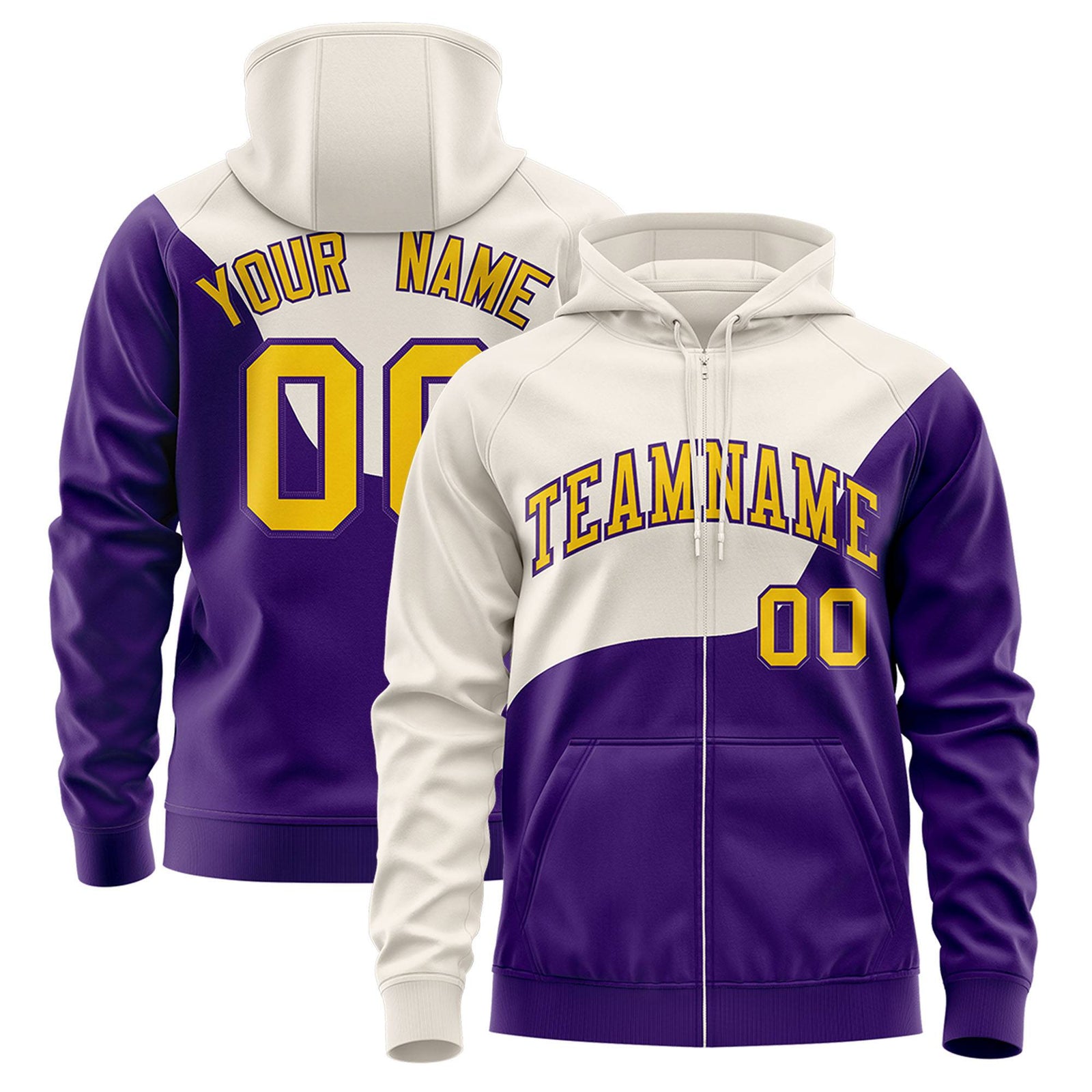 Custom Cream Purple Color Block Varsity Full-Zip Letterman Wave Hoodie Jacket