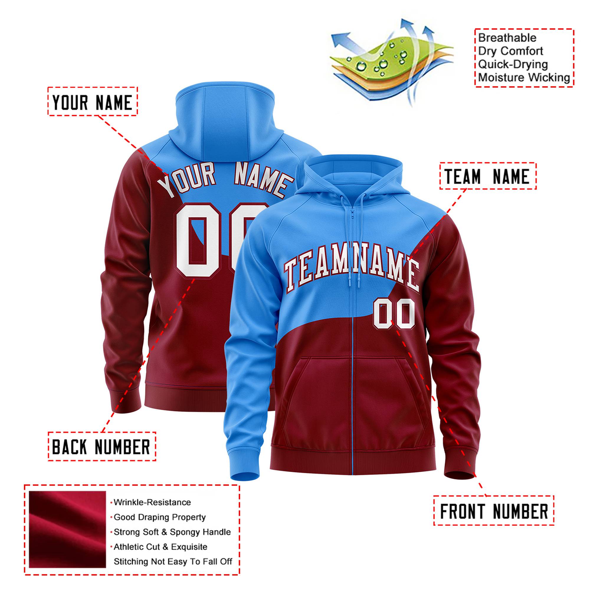 Custom Powder Blue Crimson Color Block Varsity Full-Zip Letterman Wave Hoodie Jacket