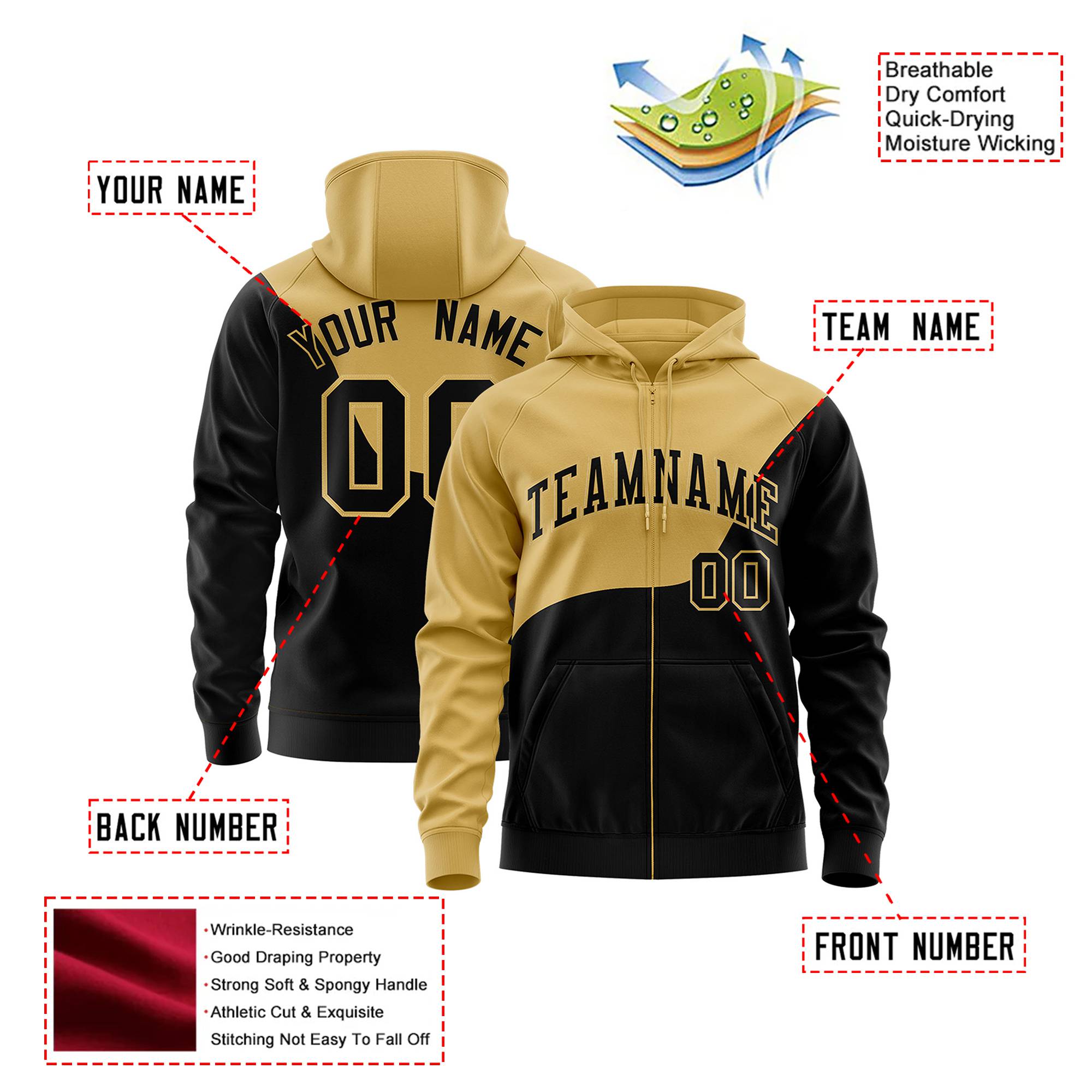 Custom Old Gold Black Color Block Varsity Full-Zip Letterman Wave Hoodie Jacket