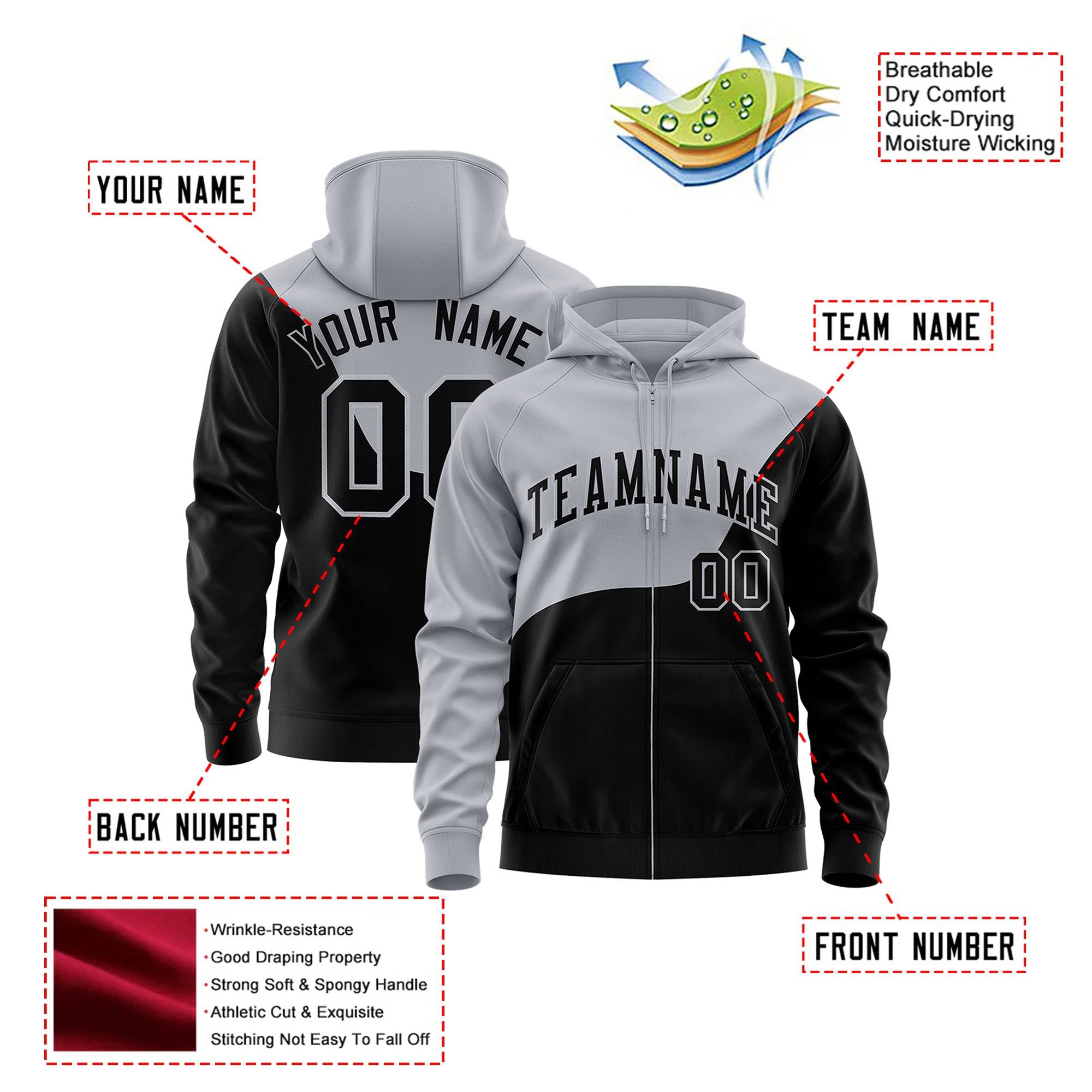 Custom Gray Black Color Block Varsity Full-Zip Letterman Wave Hoodie Jacket