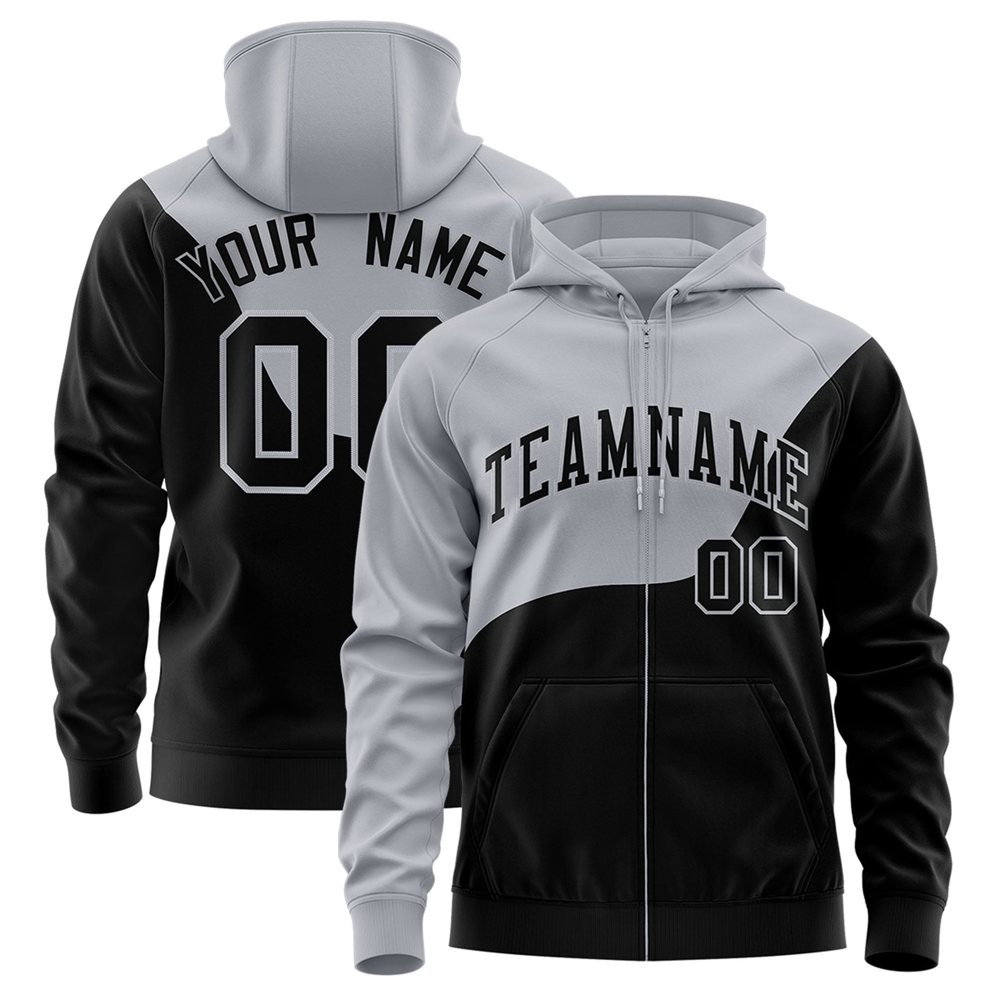 Custom Gray Black Color Block Varsity Full-Zip Letterman Wave Hoodie Jacket