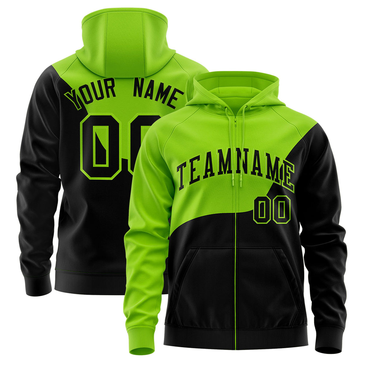 Custom Neon Green Black Color Block Varsity Full-Zip Letterman Wave Hoodie Jacket