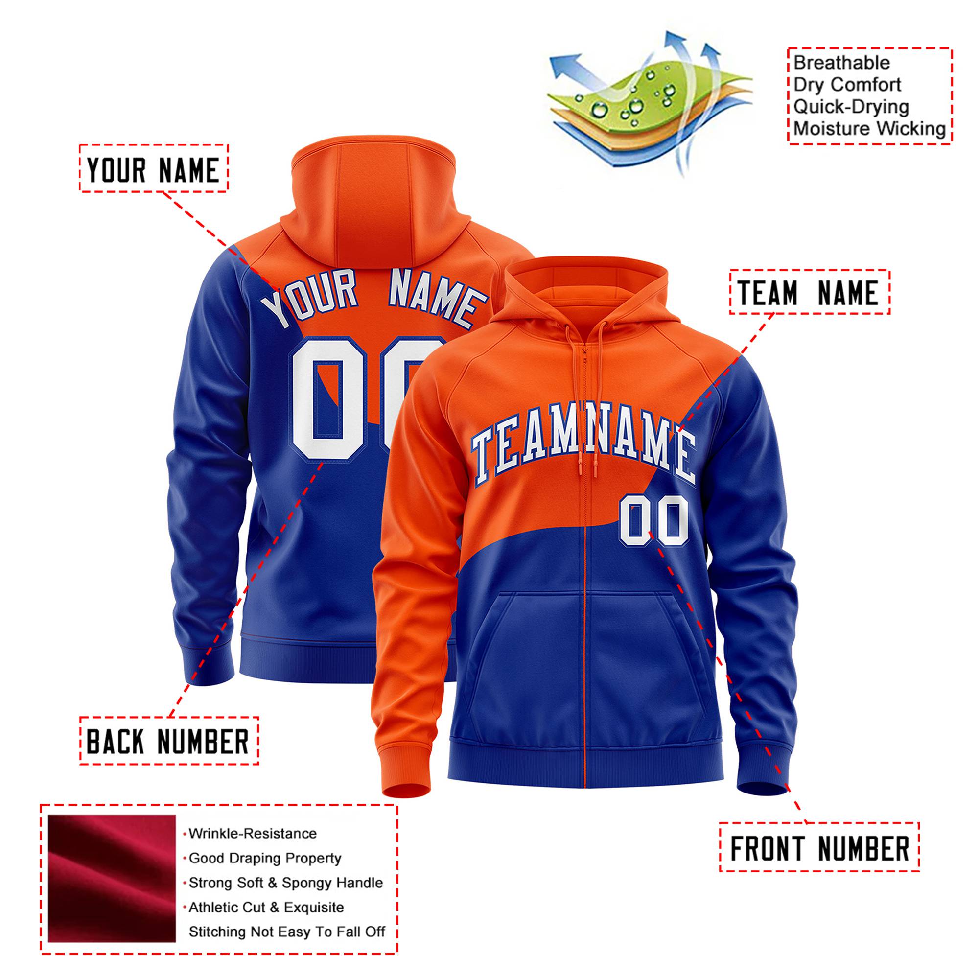 Custom Orange Royal Blue Color Block Varsity Full-Zip Letterman Wave Hoodie Jacket