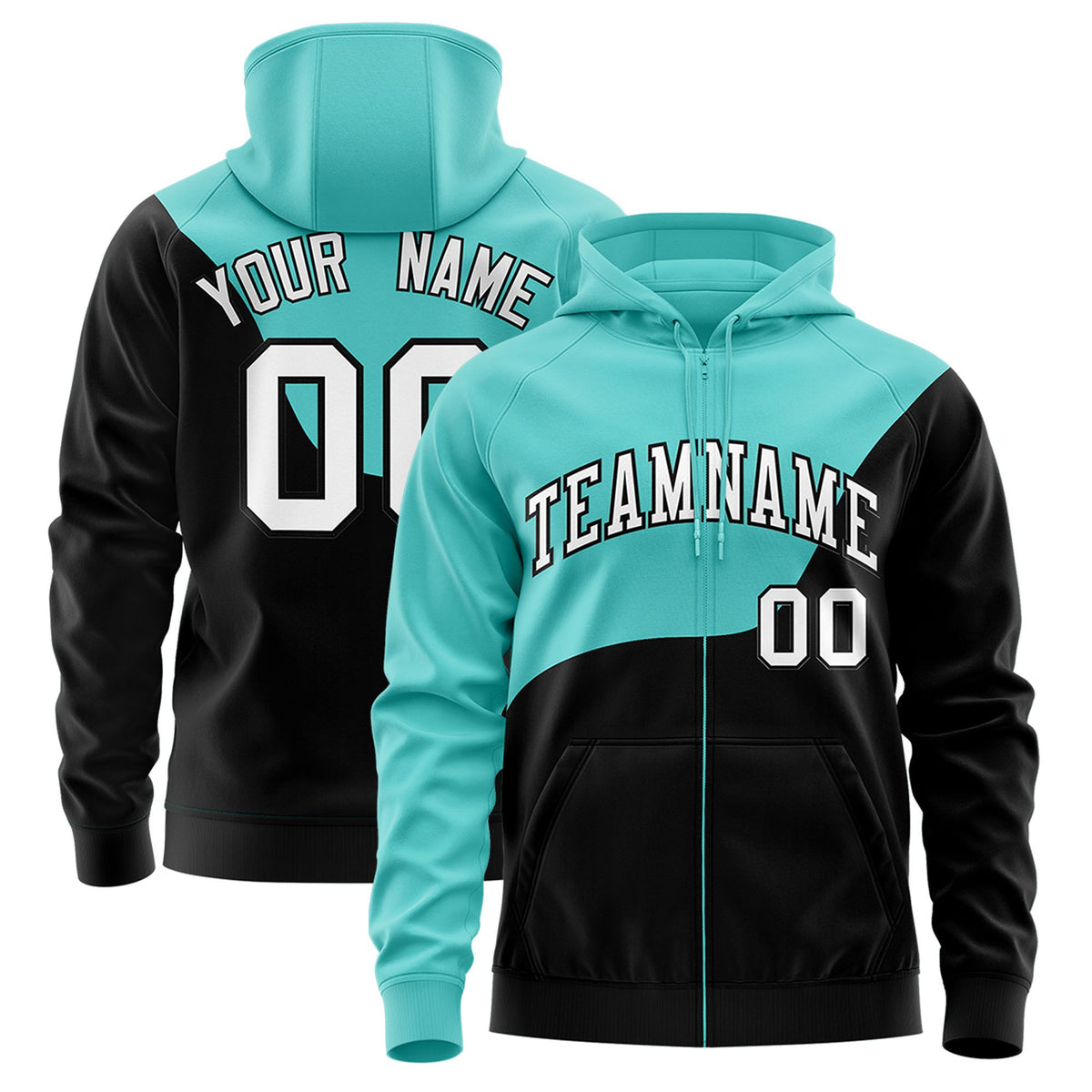 Custom Aqua Black Color Block Varsity Full-Zip Letterman Wave Hoodie Jacket