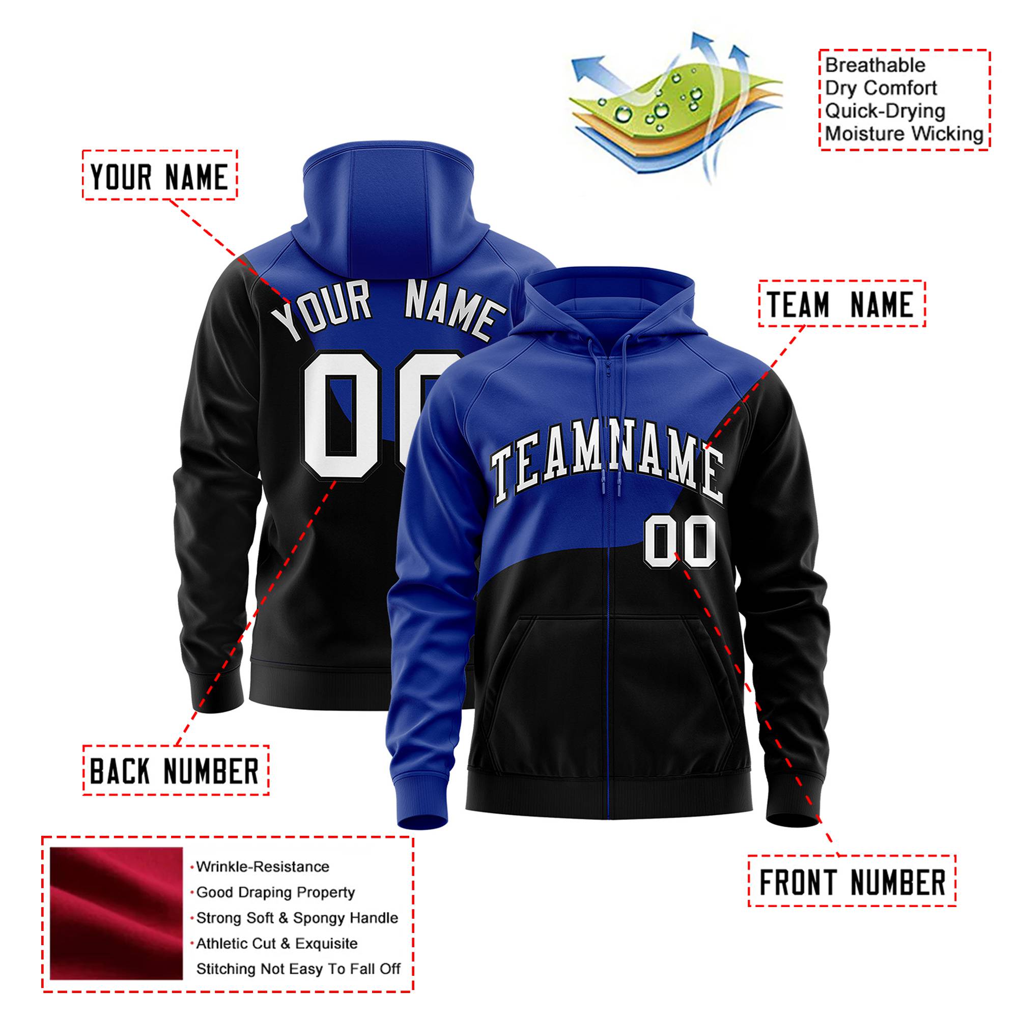 Custom Royal Blue Black Color Block Varsity Full-Zip Letterman Wave Hoodie Jacket