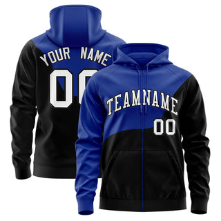 Chaqueta universitaria con capucha y cremallera completa en azul real y negro con diseño de bloques de color Letterman Wave - Estilo 1