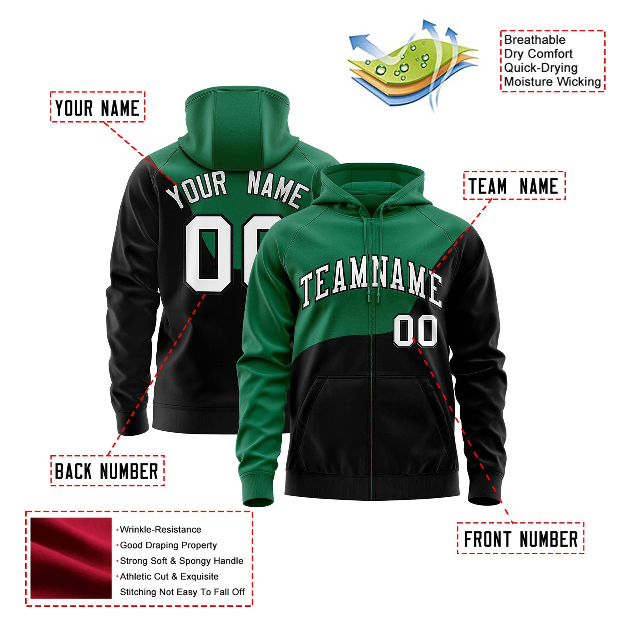 Custom Kelly Green Black Color Block Varsity Full-Zip Letterman Wave Hoodie Jacket