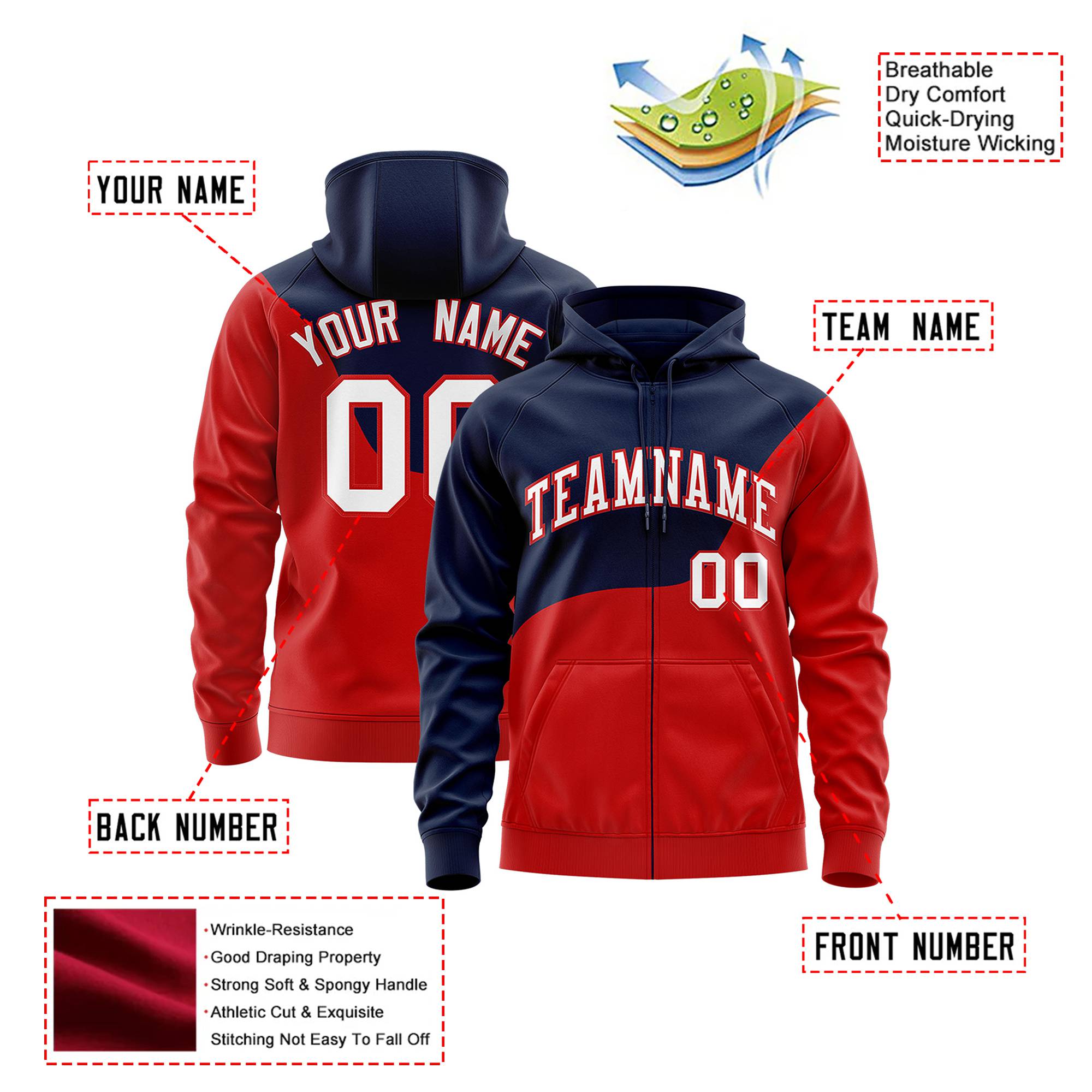 Custom Navy Red Color Block Varsity Full-Zip Letterman Wave Hoodie Jacket