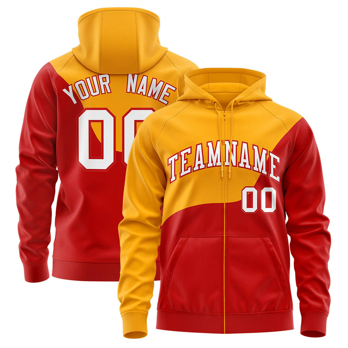 Custom Yellow Red Color Block Varsity Full-Zip Letterman Wave Hoodie Jacket