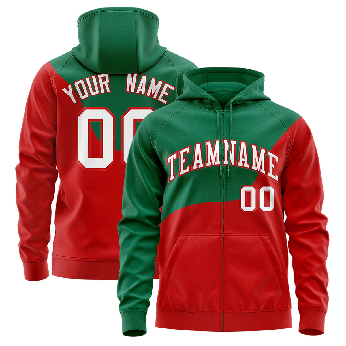 Custom Green Red Color Block Varsity Full-Zip Letterman Wave Hoodie Jacket