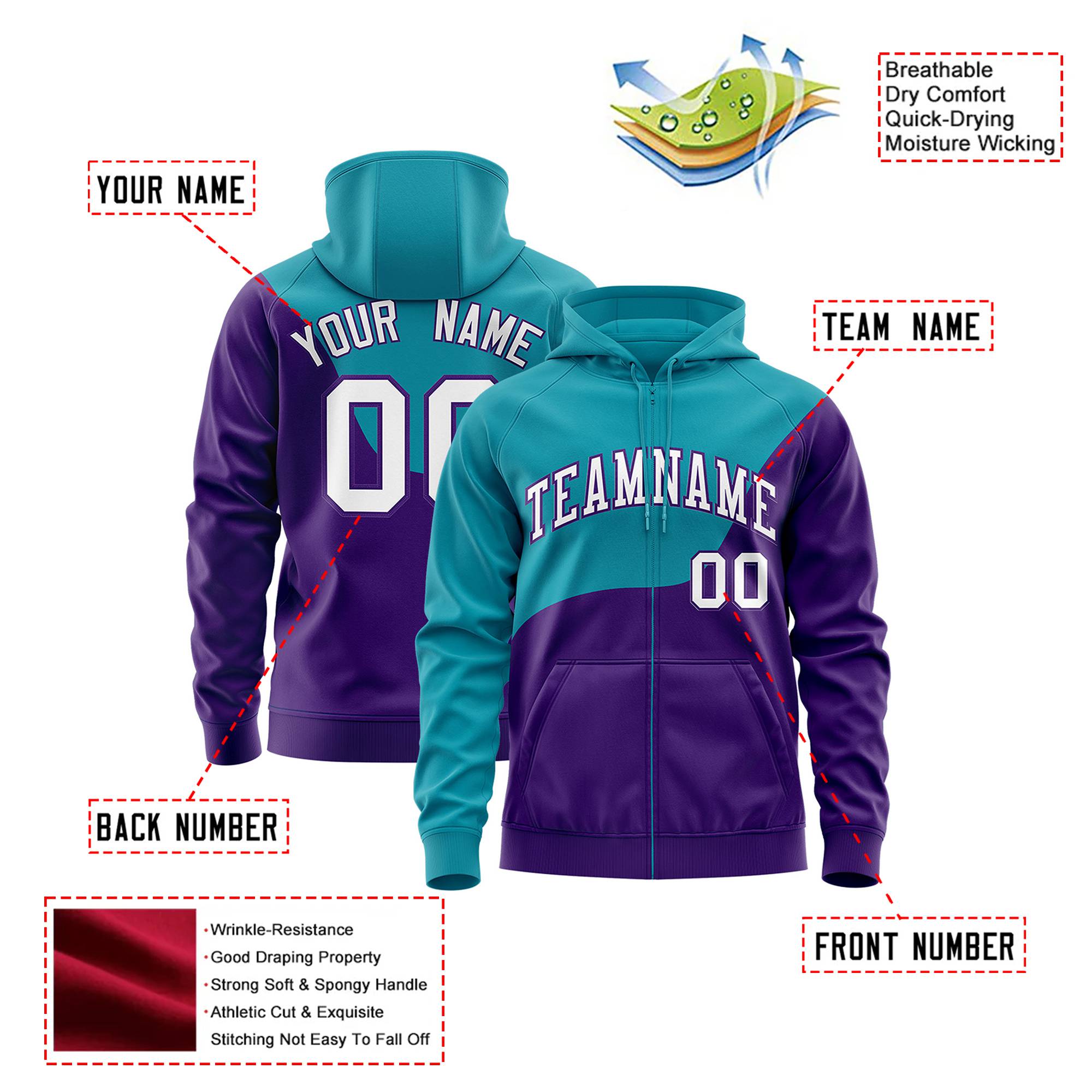 Custom Aqua Purple Color Block Varsity Full-Zip Letterman Wave Hoodie Jacket