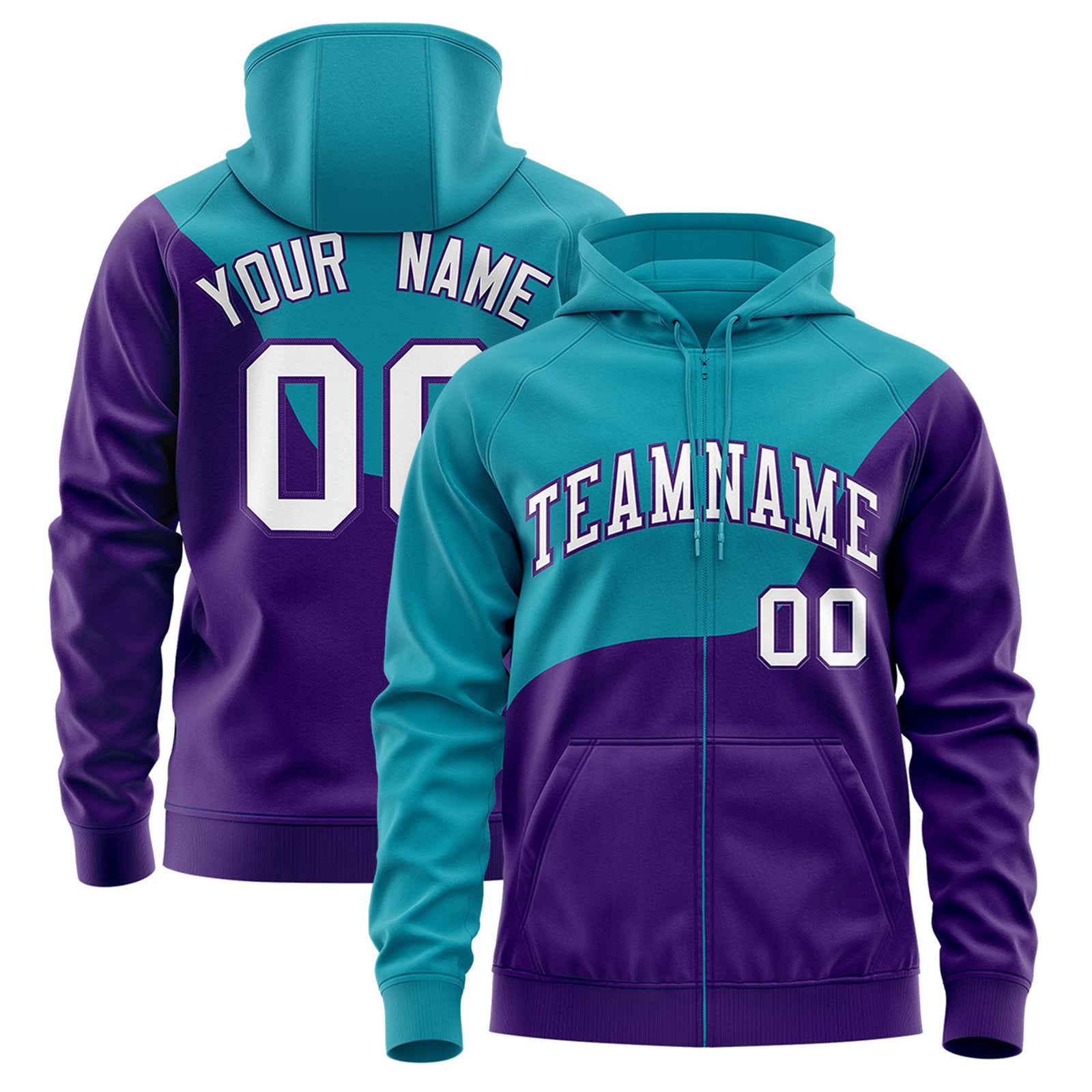 Custom Aqua Purple Color Block Varsity Full-Zip Letterman Wave Hoodie Jacket