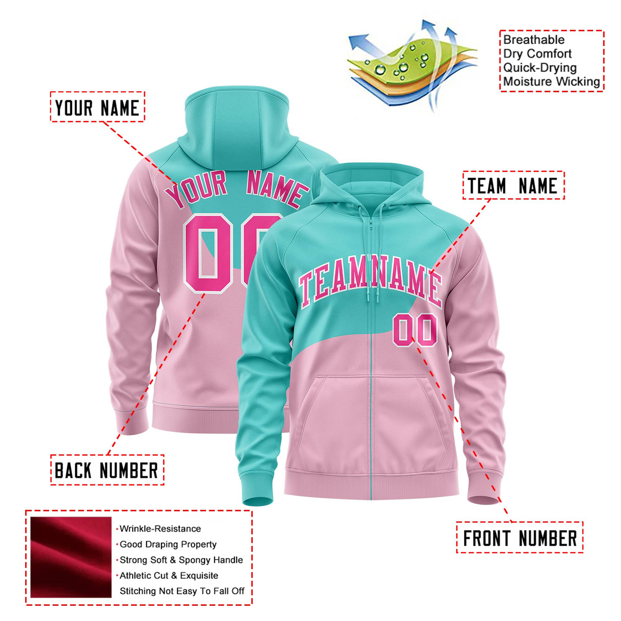 Custom Aqua Light Pink Color Block Varsity Full-Zip Letterman Wave Hoodie Jacket