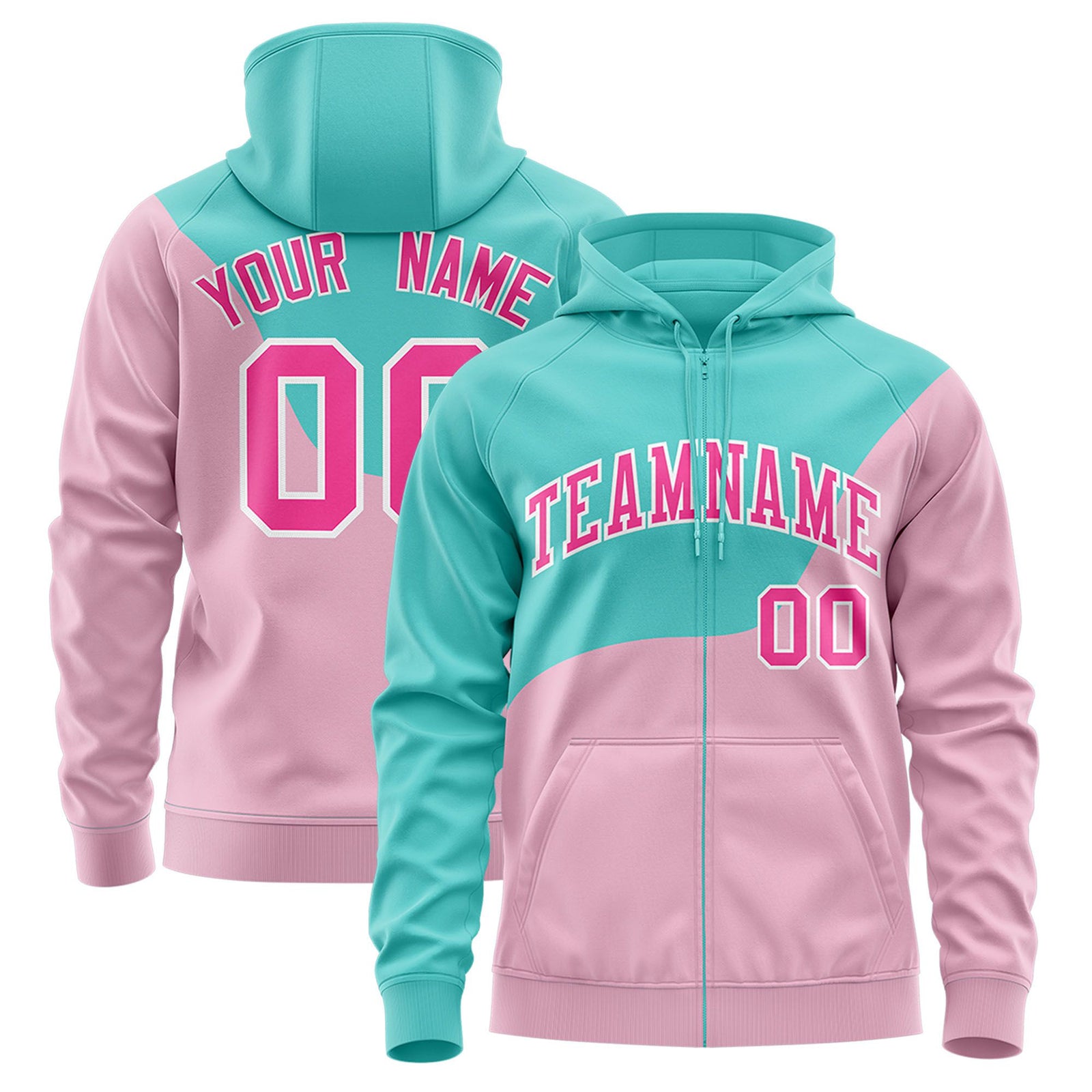 Custom Aqua Light Pink Color Block Varsity Full-Zip Letterman Wave Hoodie Jacket