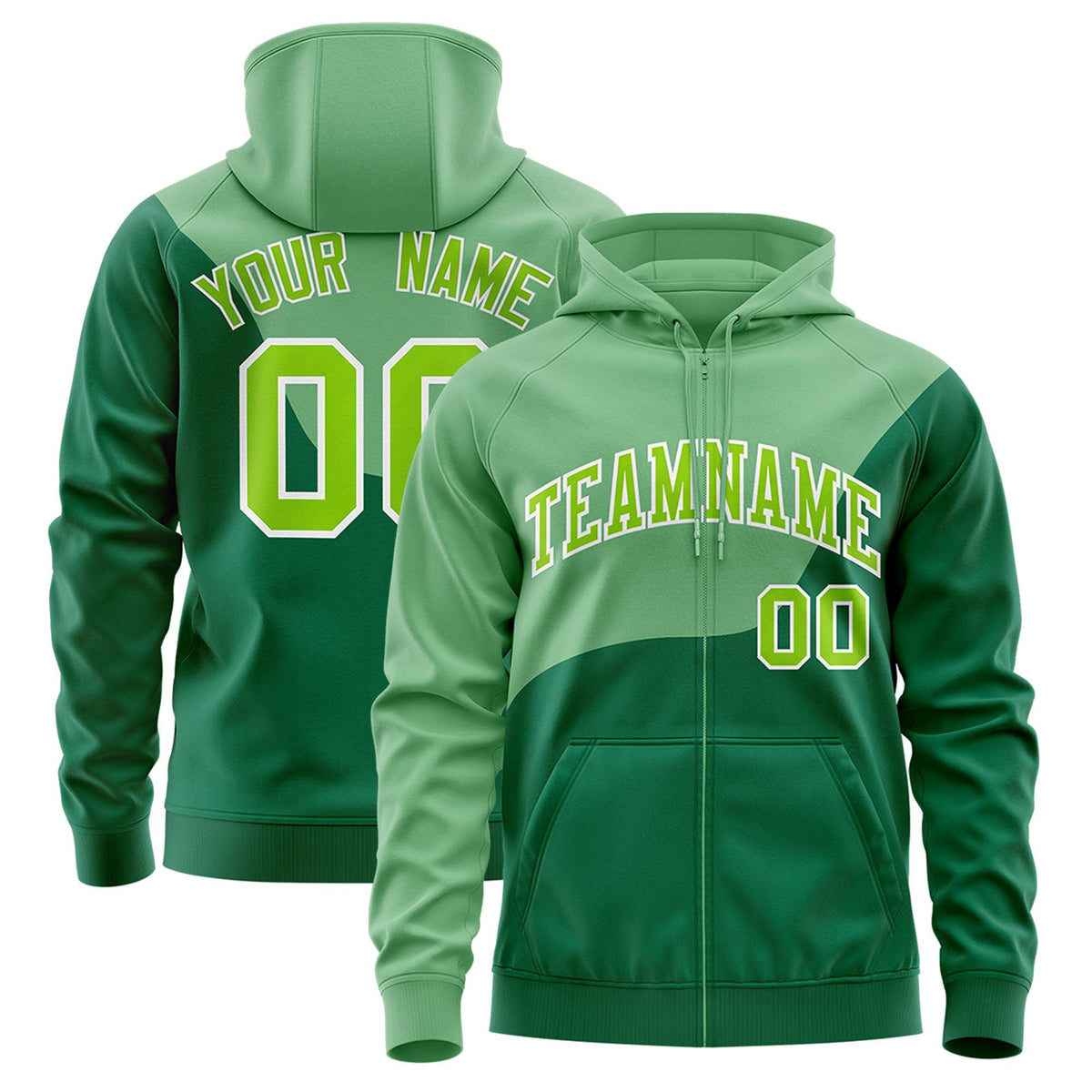 Custom Bright Green Kelly Green Color Block Varsity Full-Zip Letterman Wave Hoodie Jacket