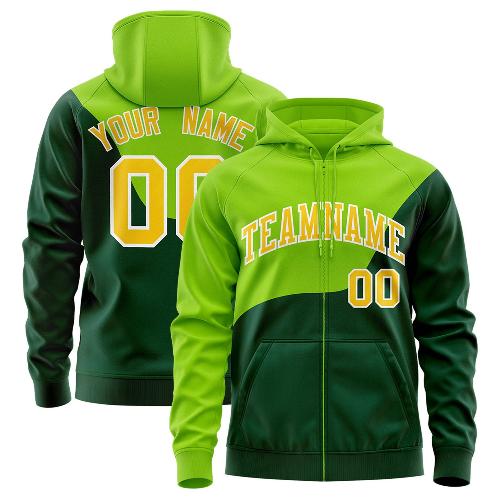 Custom Neon Green Green Color Block Varsity Full-Zip Letterman Wave Hoodie Jacket