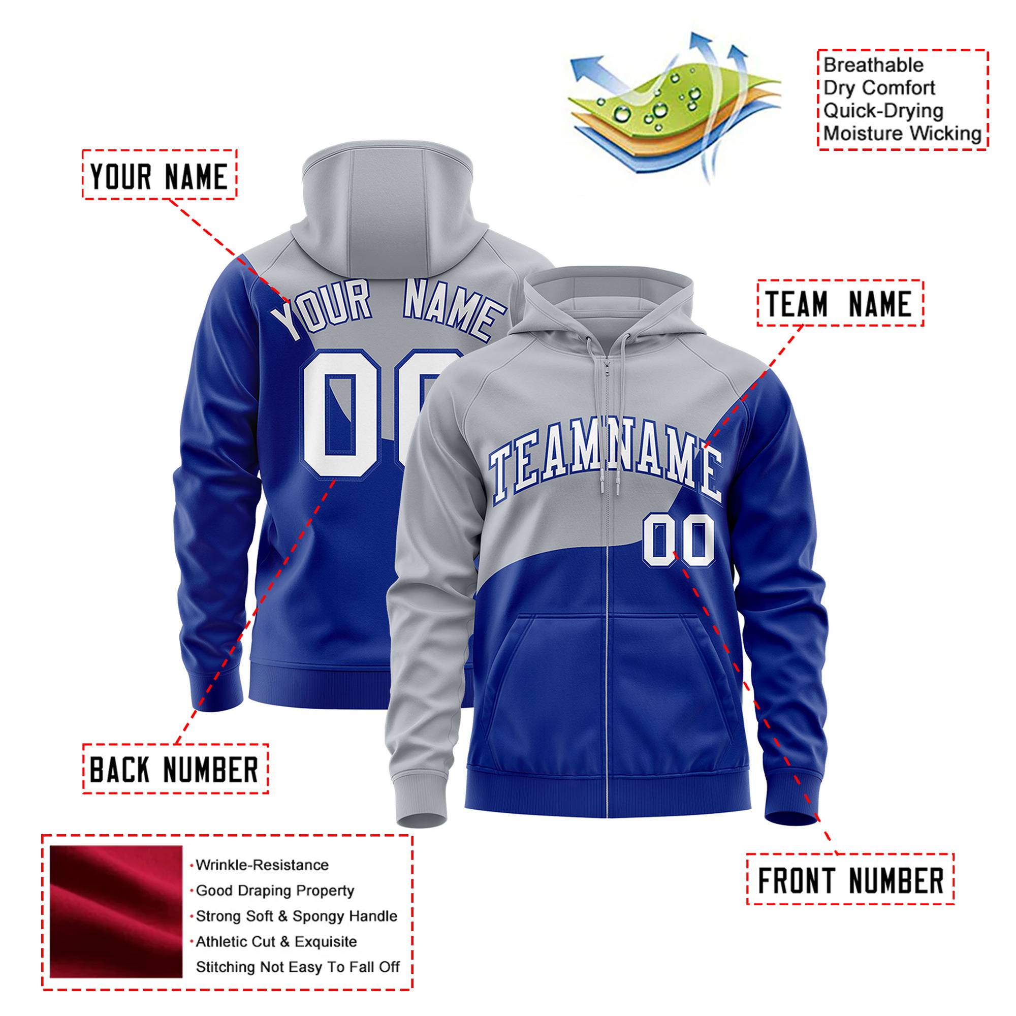 Custom Gray Royal Blue Color Block Varsity Full-Zip Letterman Wave Hoodie Jacket