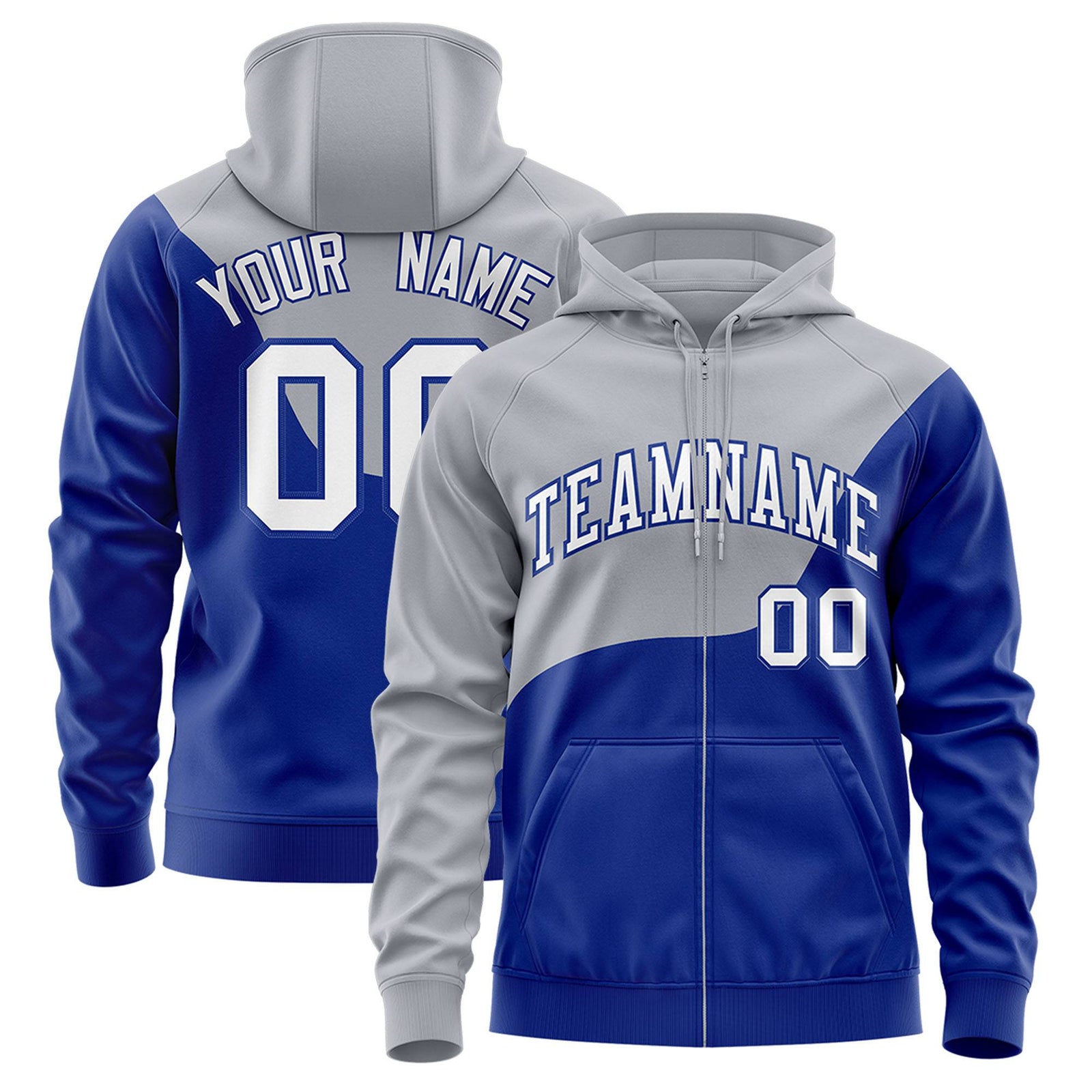 Custom Gray Royal Blue Color Block Varsity Full-Zip Letterman Wave Hoodie Jacket