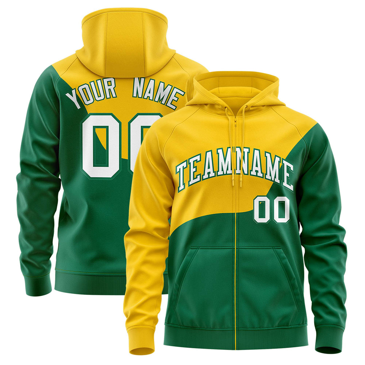 Custom Gold Green Color Block Varsity Full-Zip Letterman Wave Hoodie Jacket