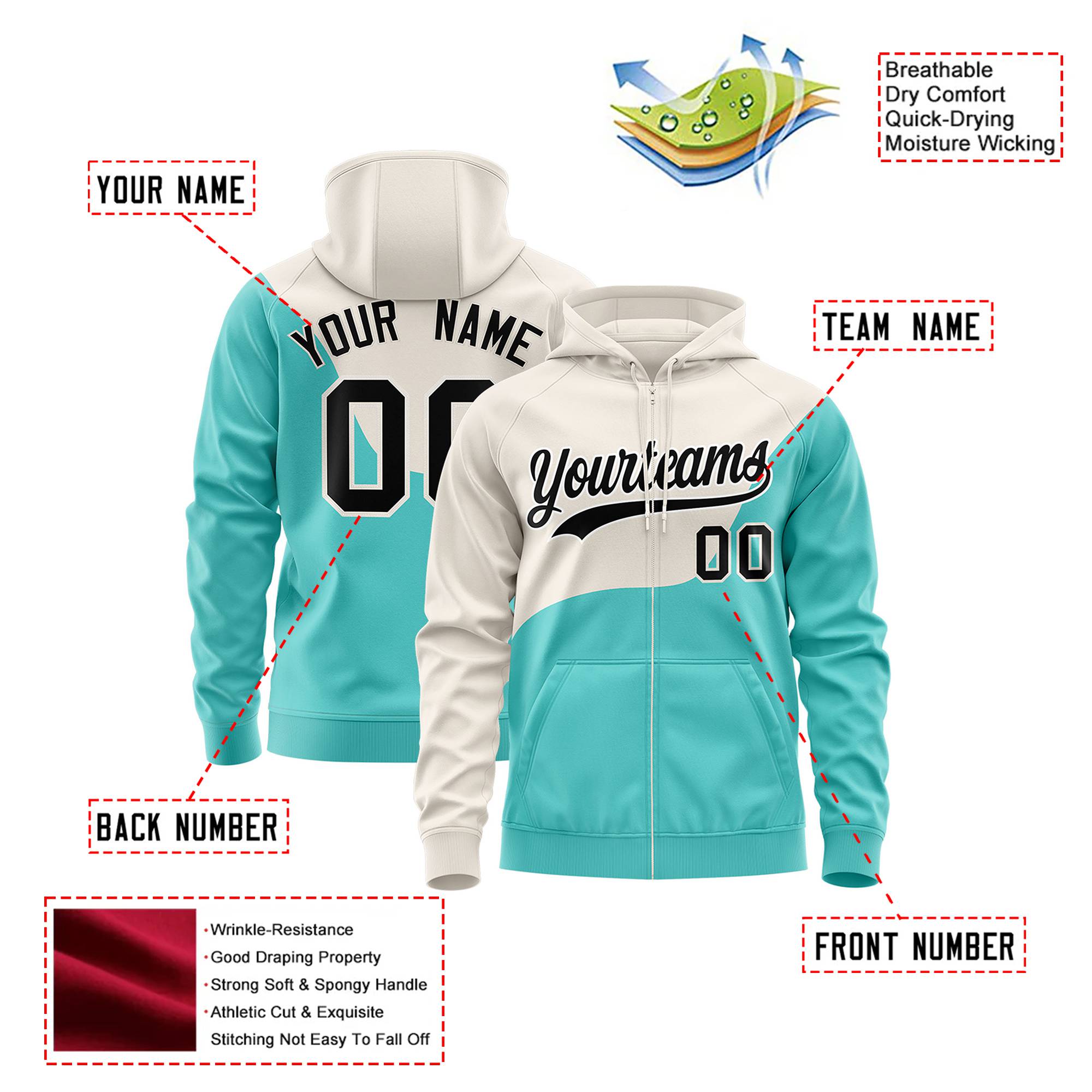 Custom Cream Aqua Color Block Varsity Full-Zip Letterman Wave Hoodie Jacket