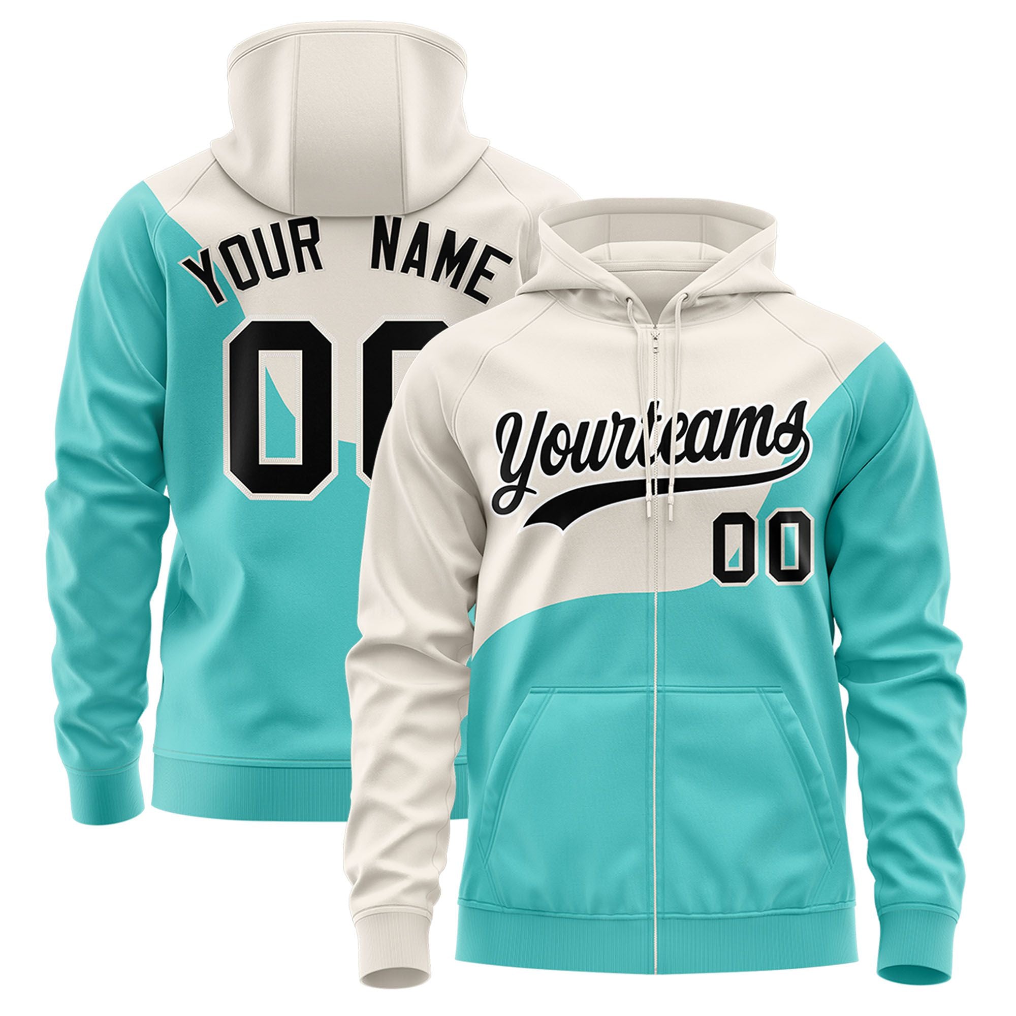 Custom Cream Aqua Color Block Varsity Full-Zip Letterman Wave Hoodie Jacket