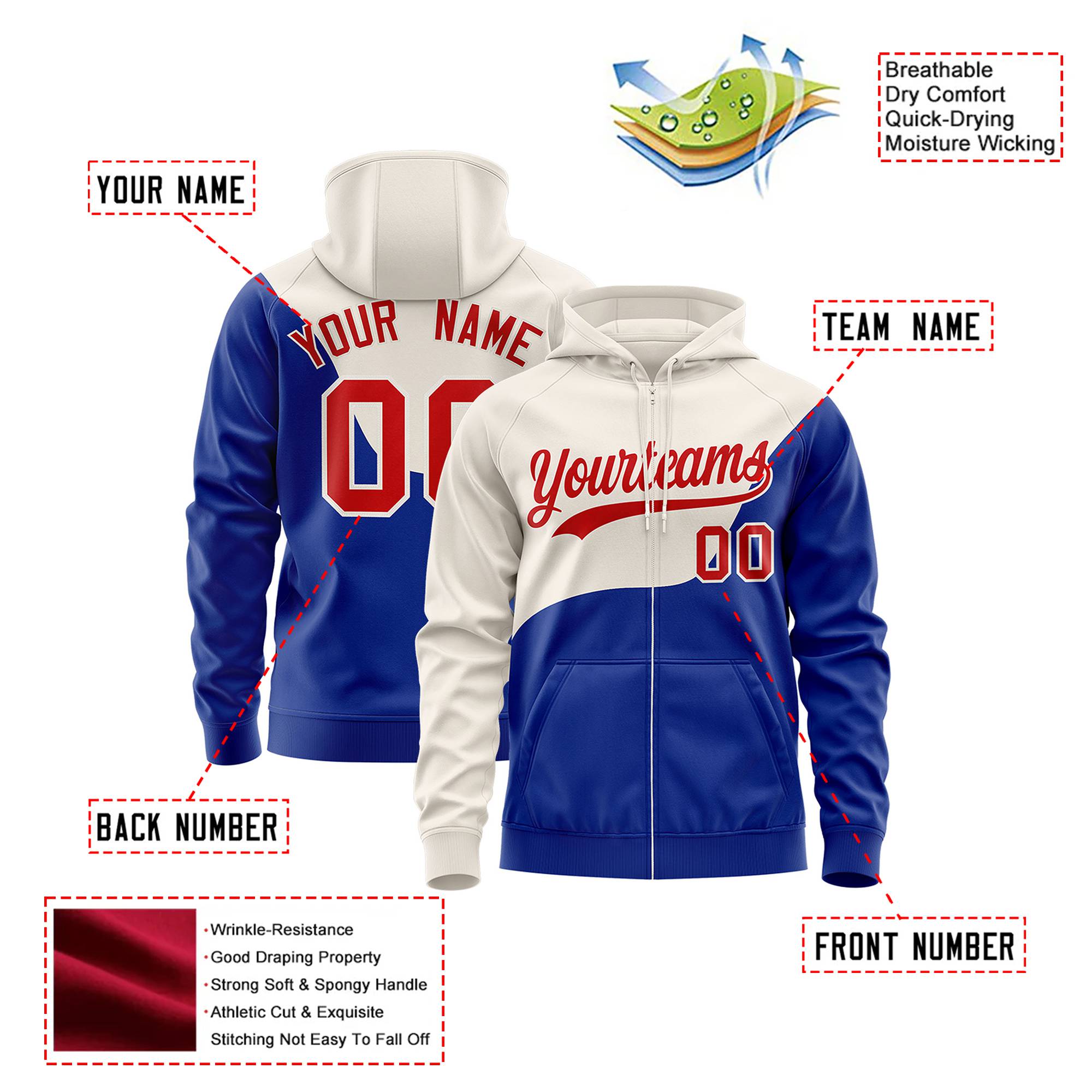 Custom Cream Royal Blue Color Block Varsity Full-Zip Letterman Wave Hoodie Jacket