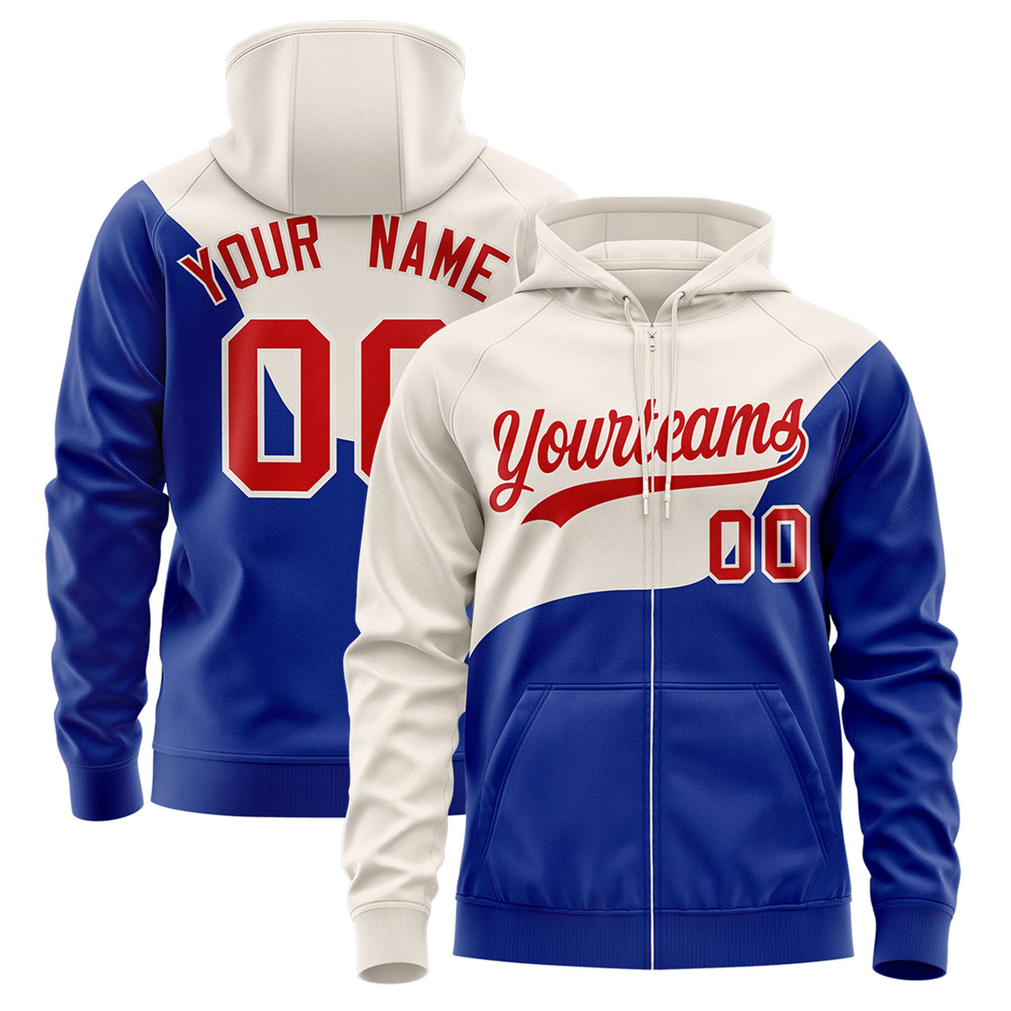 Custom Cream Royal Blue Color Block Varsity Full-Zip Letterman Wave Hoodie Jacket