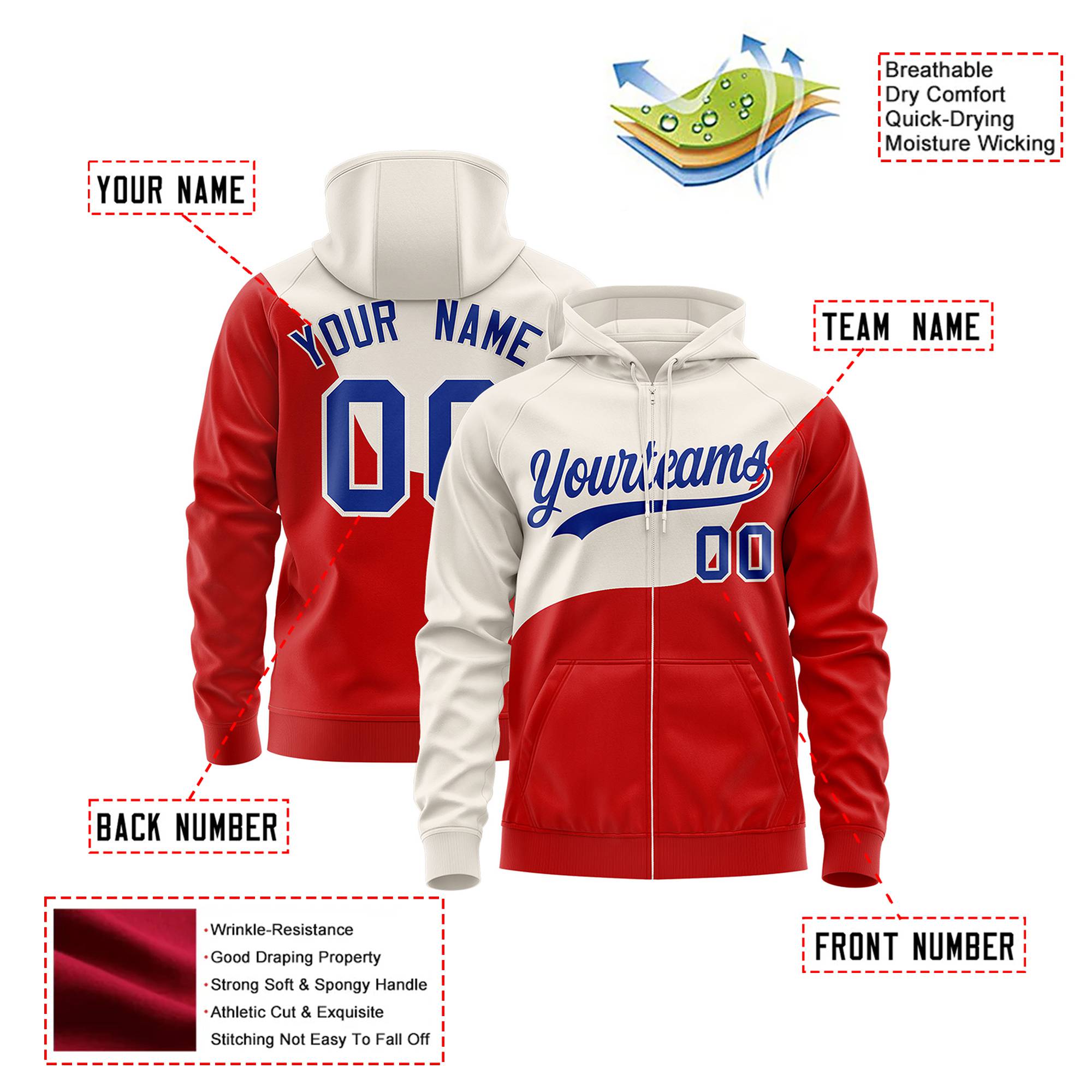 Custom Cream Red Color Block Varsity Full-Zip Letterman Wave Hoodie Jacket