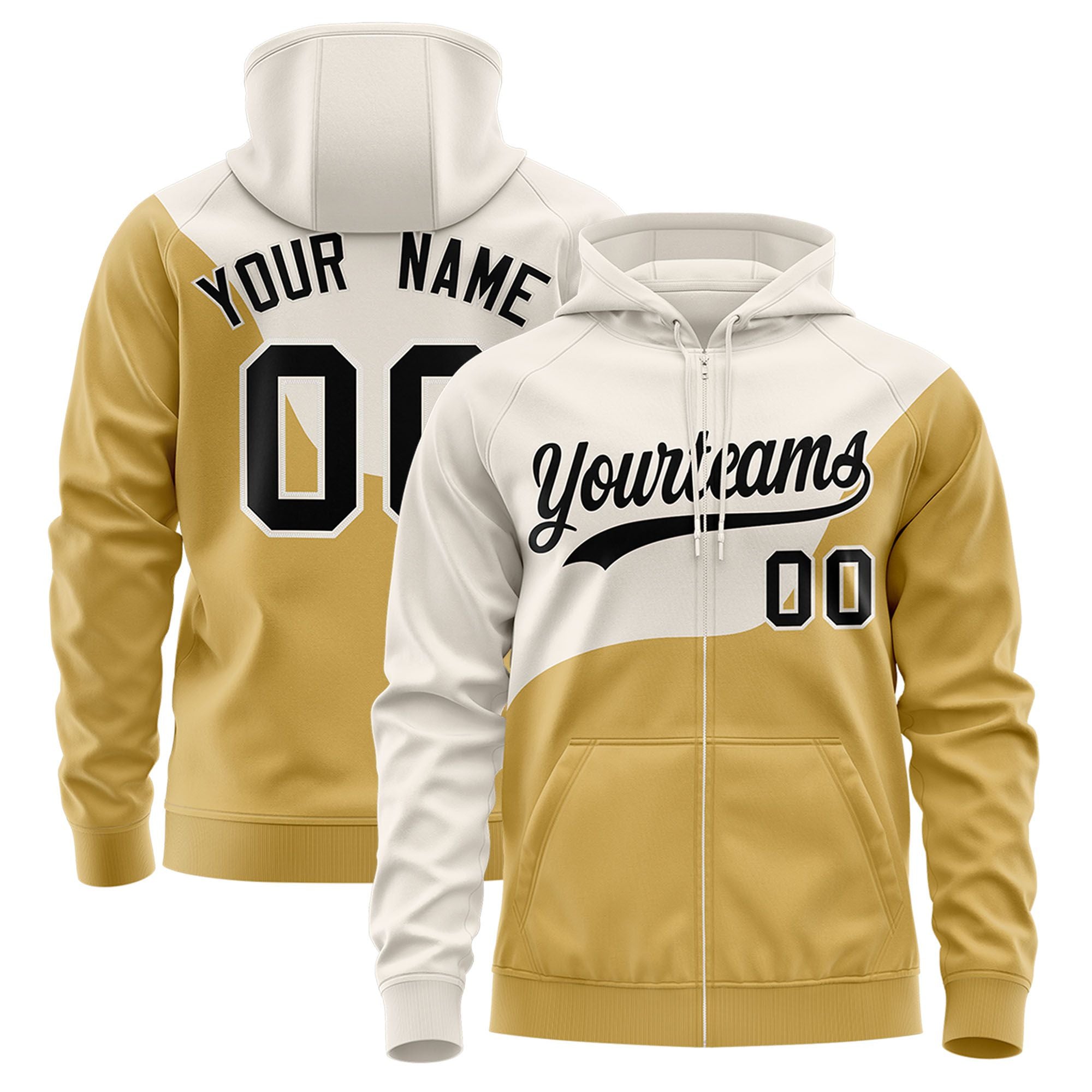 Custom Cream Old Gold Color Block Varsity Full-Zip Letterman Wave Hoodie Jacket