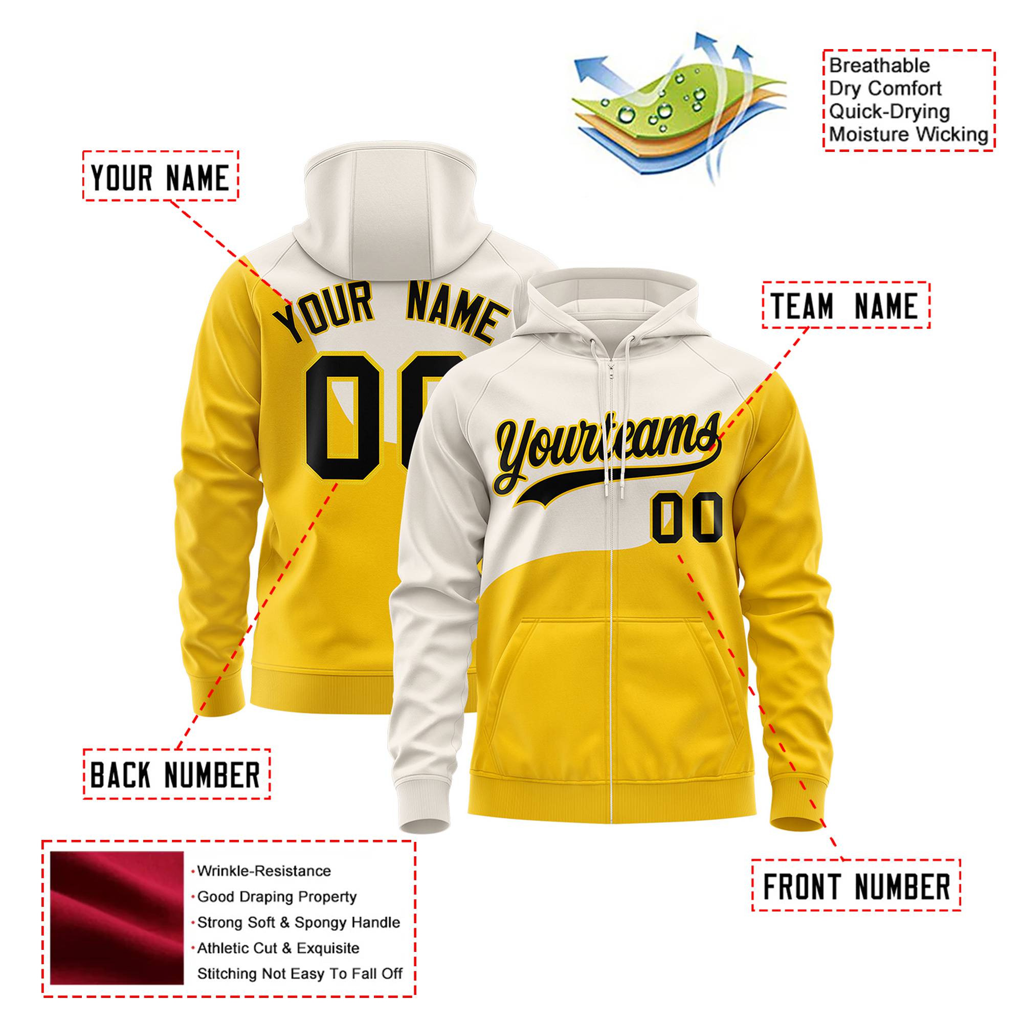 Custom Cream Gold Color Block Varsity Full-Zip Letterman Wave Hoodie Jacket