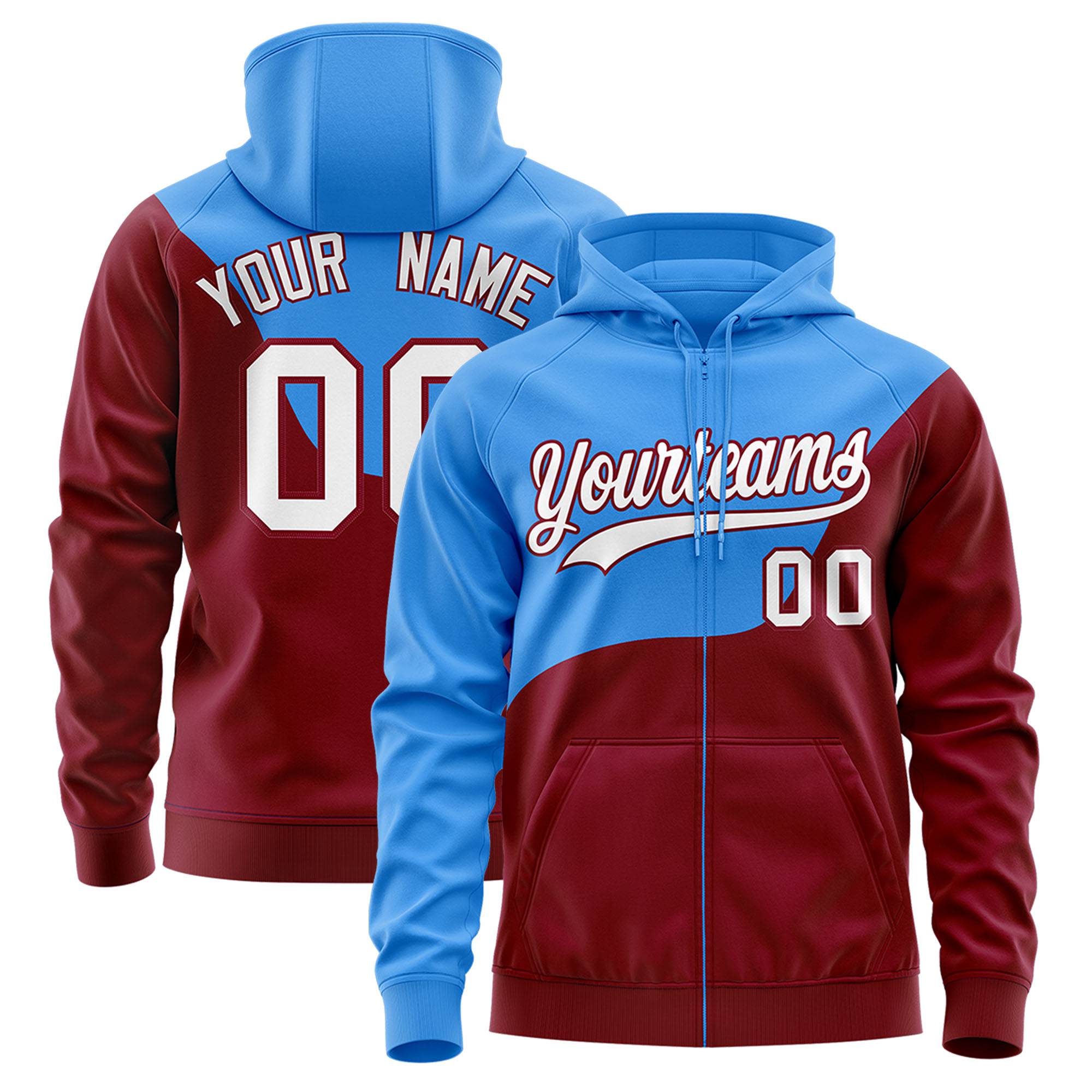 Custom Powder Blue Crimson Color Block Varsity Full-Zip Letterman Wave Hoodie Jacket