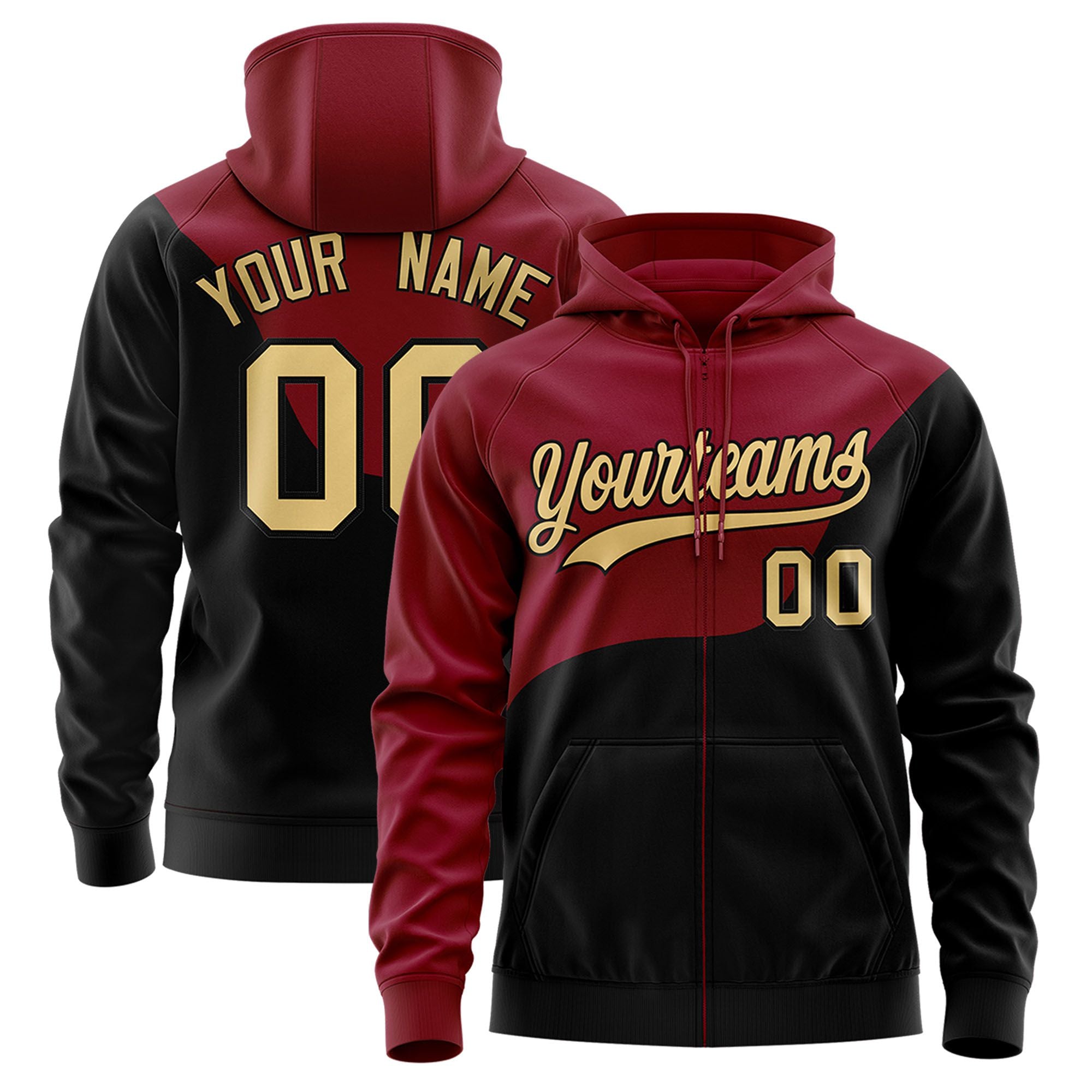 Custom Crimson Black Color Block Varsity Full-Zip Letterman Wave Hoodie Jacket