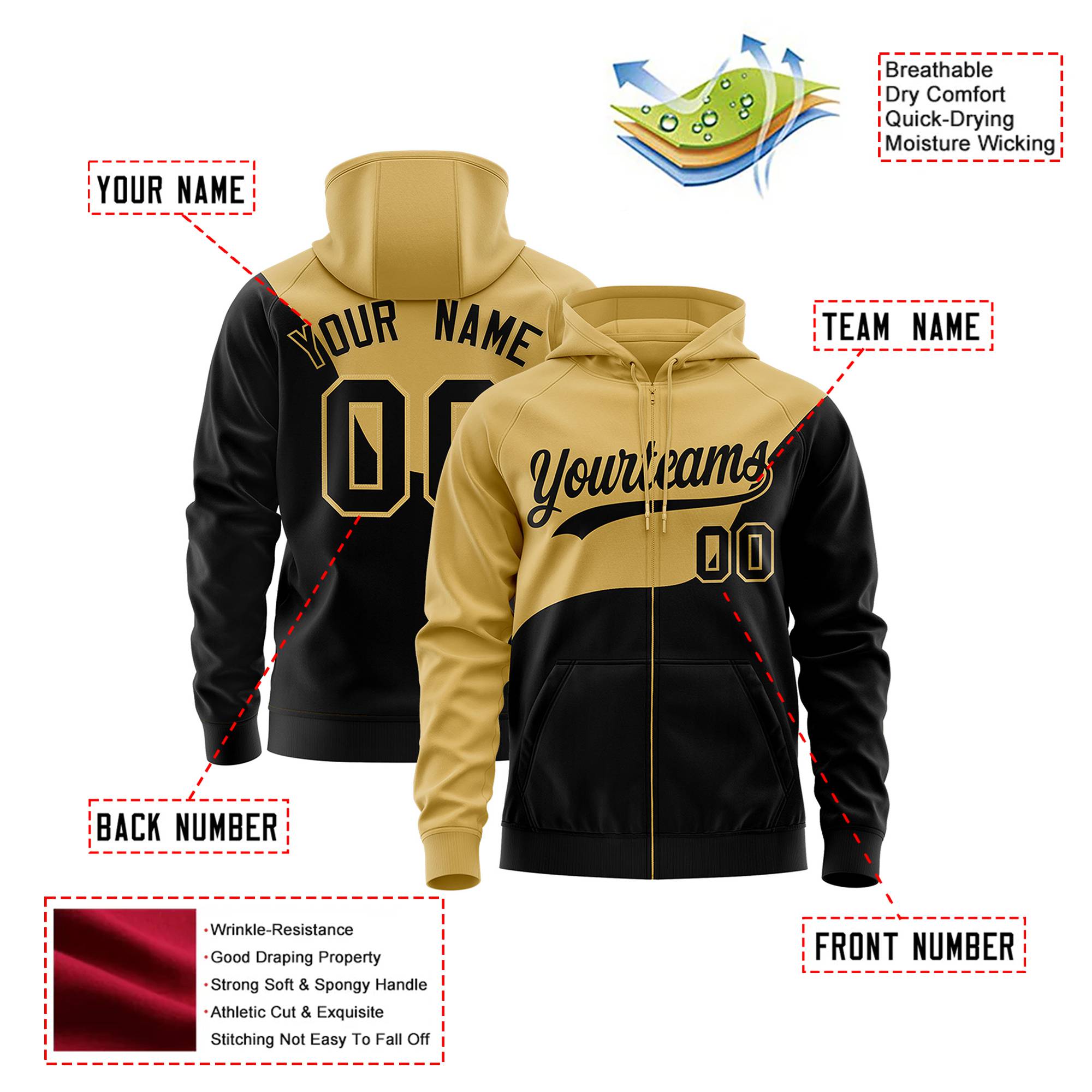 Custom Old Gold Black Color Block Varsity Full-Zip Letterman Wave Hoodie Jacket