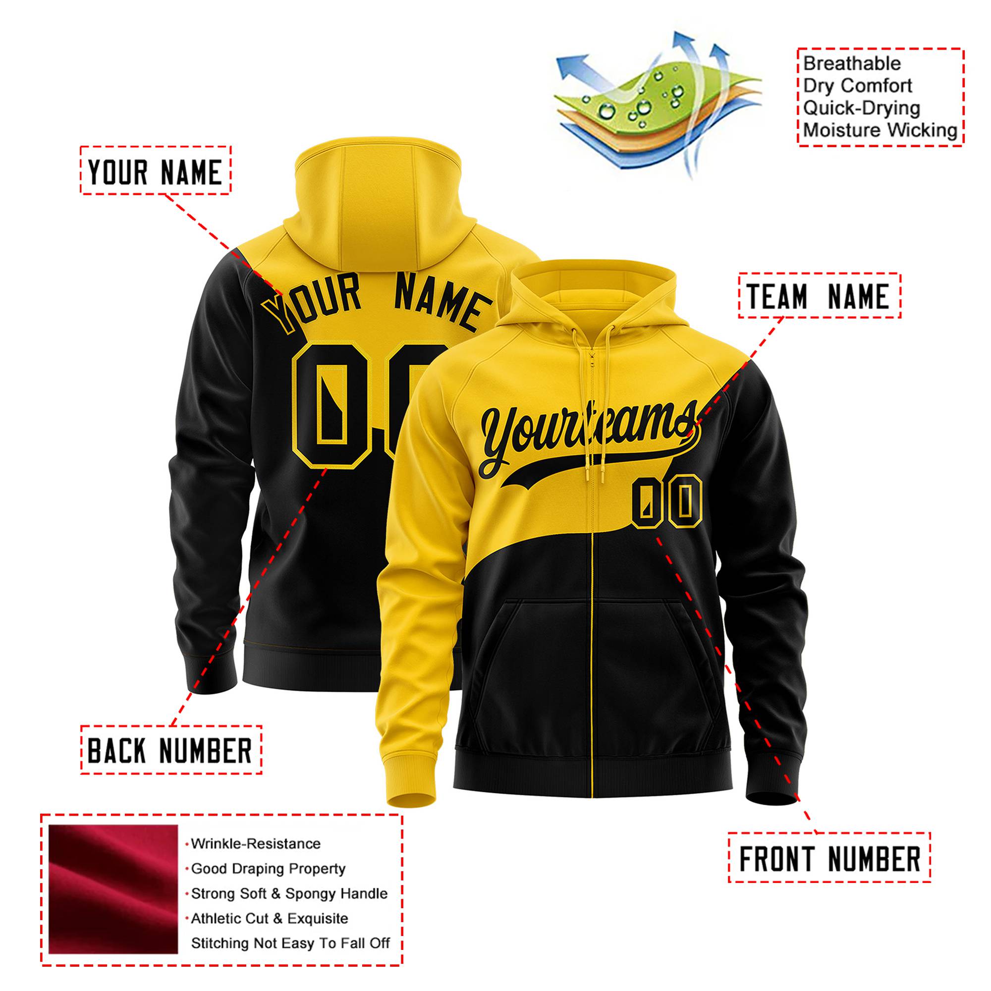 Custom Gold Black Color Block Varsity Full-Zip Letterman Wave Hoodie Jacket