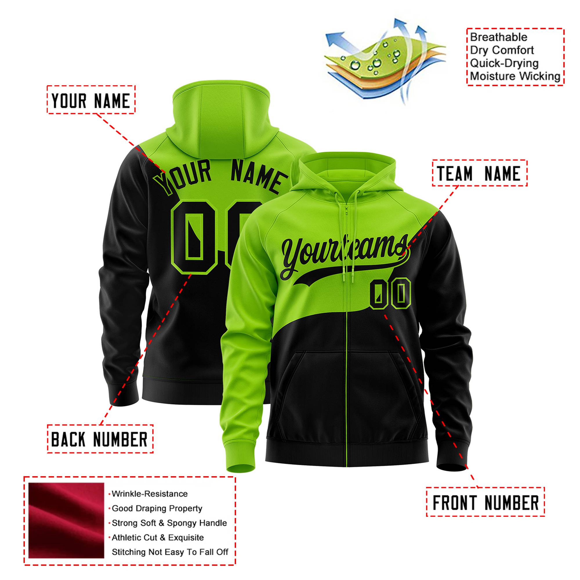 Custom Neon Green Black Color Block Varsity Full-Zip Letterman Wave Hoodie Jacket