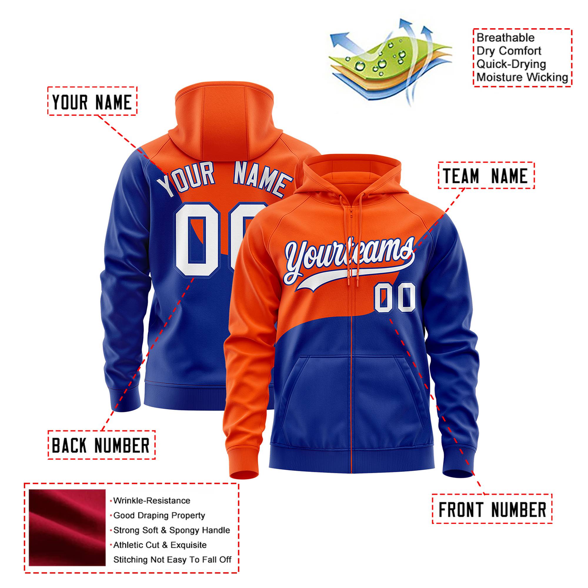 Custom Orange Royal Blue Color Block Varsity Full-Zip Letterman Wave Hoodie Jacket