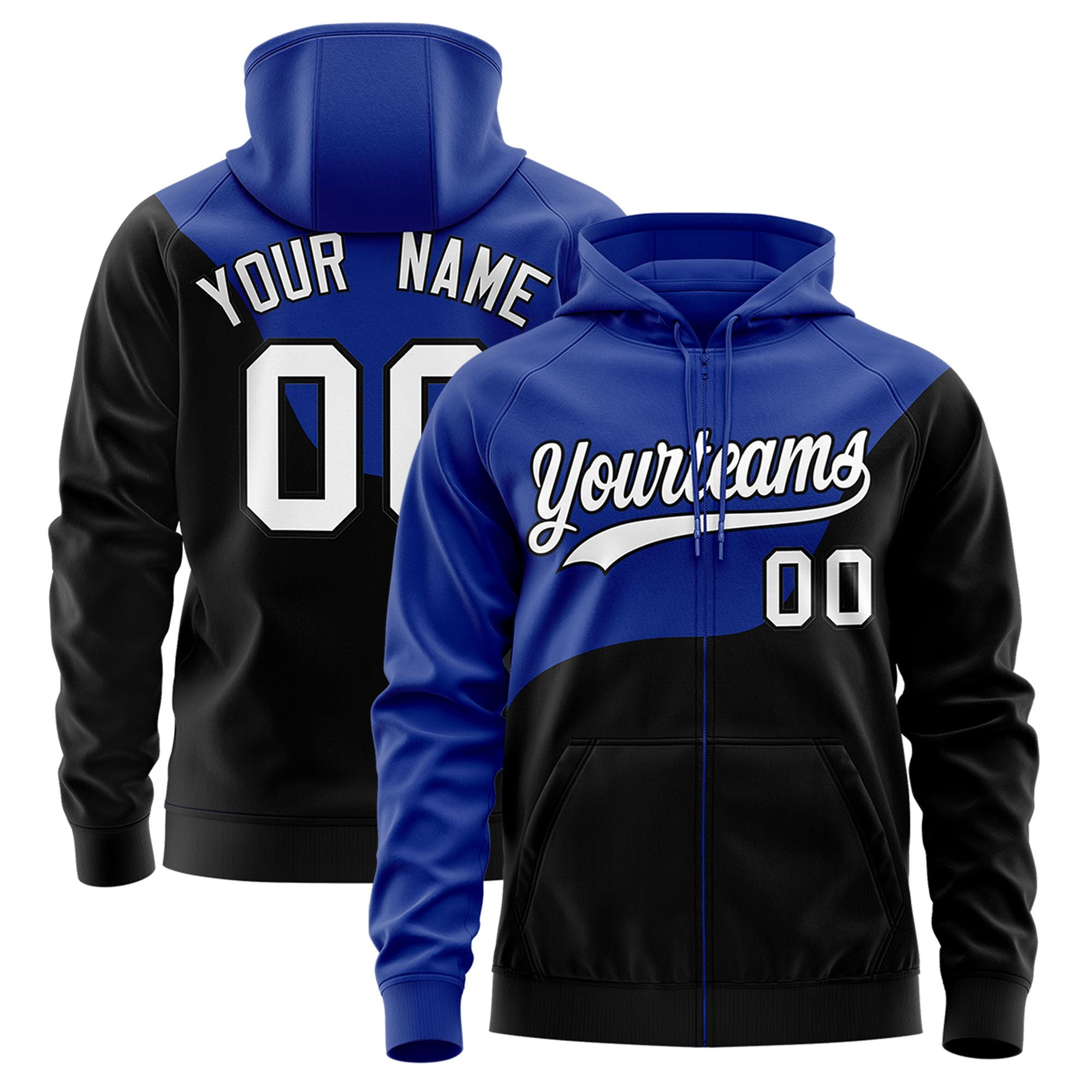 Custom Royal Blue Black Color Block Varsity Full-Zip Letterman Wave Hoodie Jacket