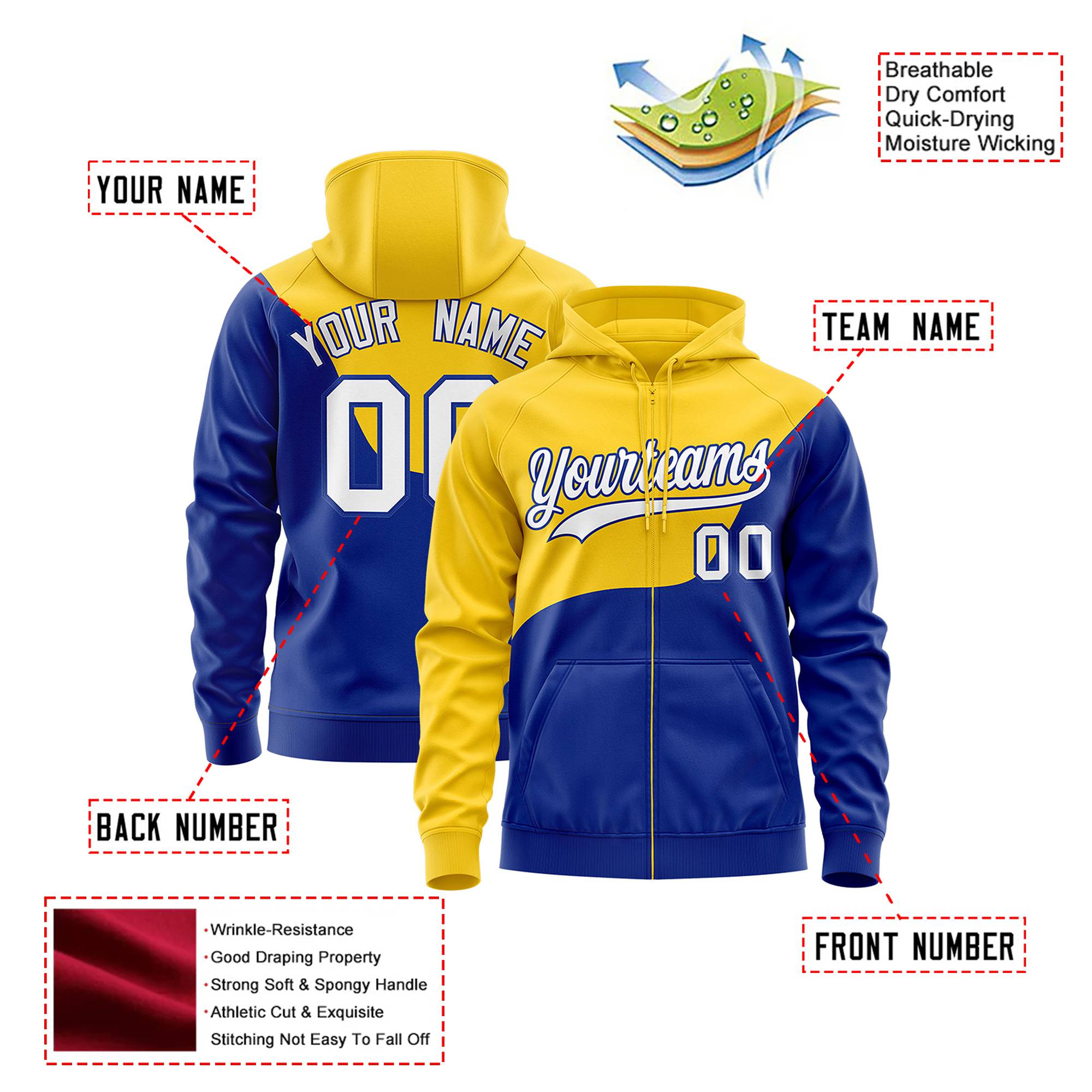 Custom Gold Royal Blue Color Block Varsity Full-Zip Letterman Wave Hoodie Jacket