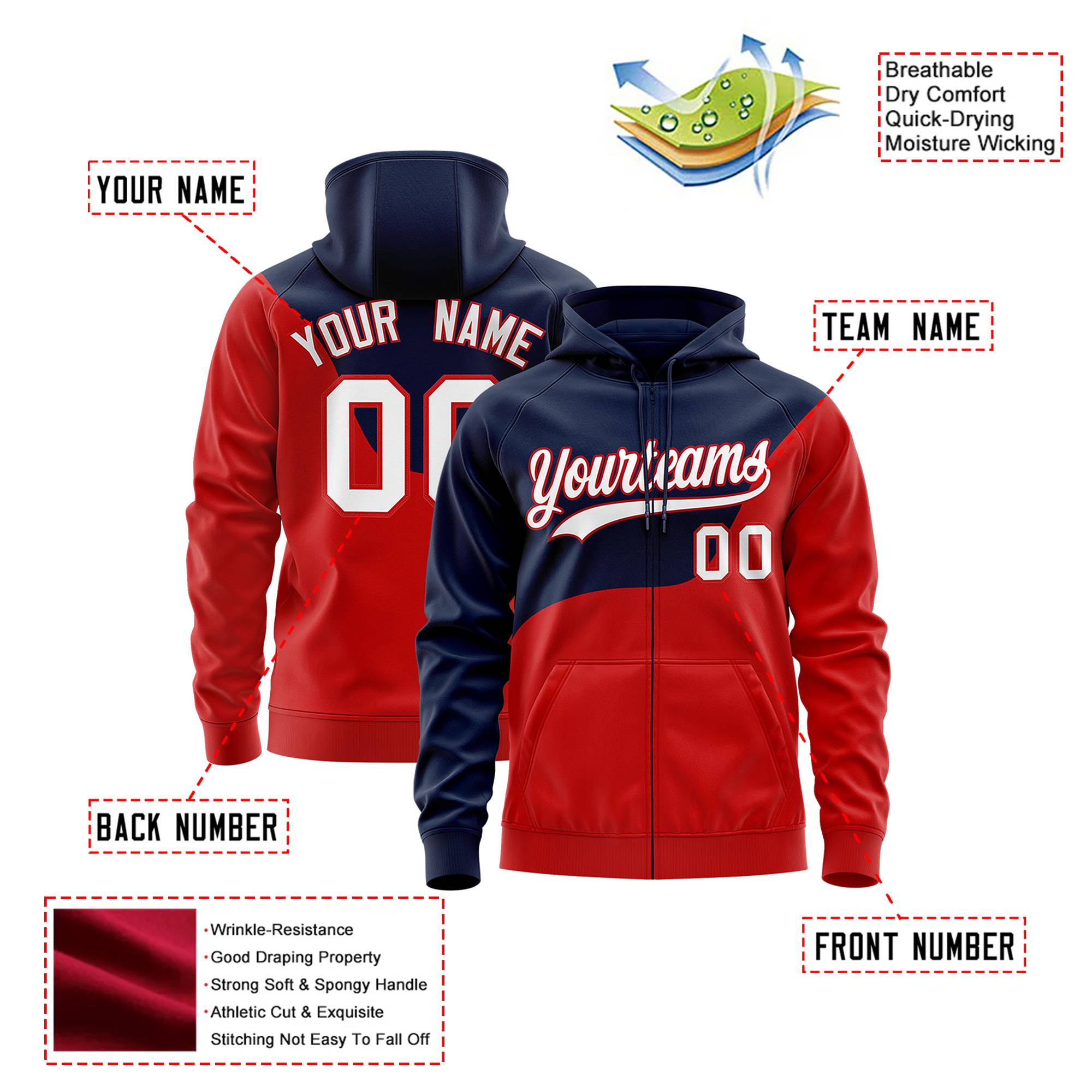 Custom Navy Red Color Block Varsity Full-Zip Letterman Wave Hoodie Jacket