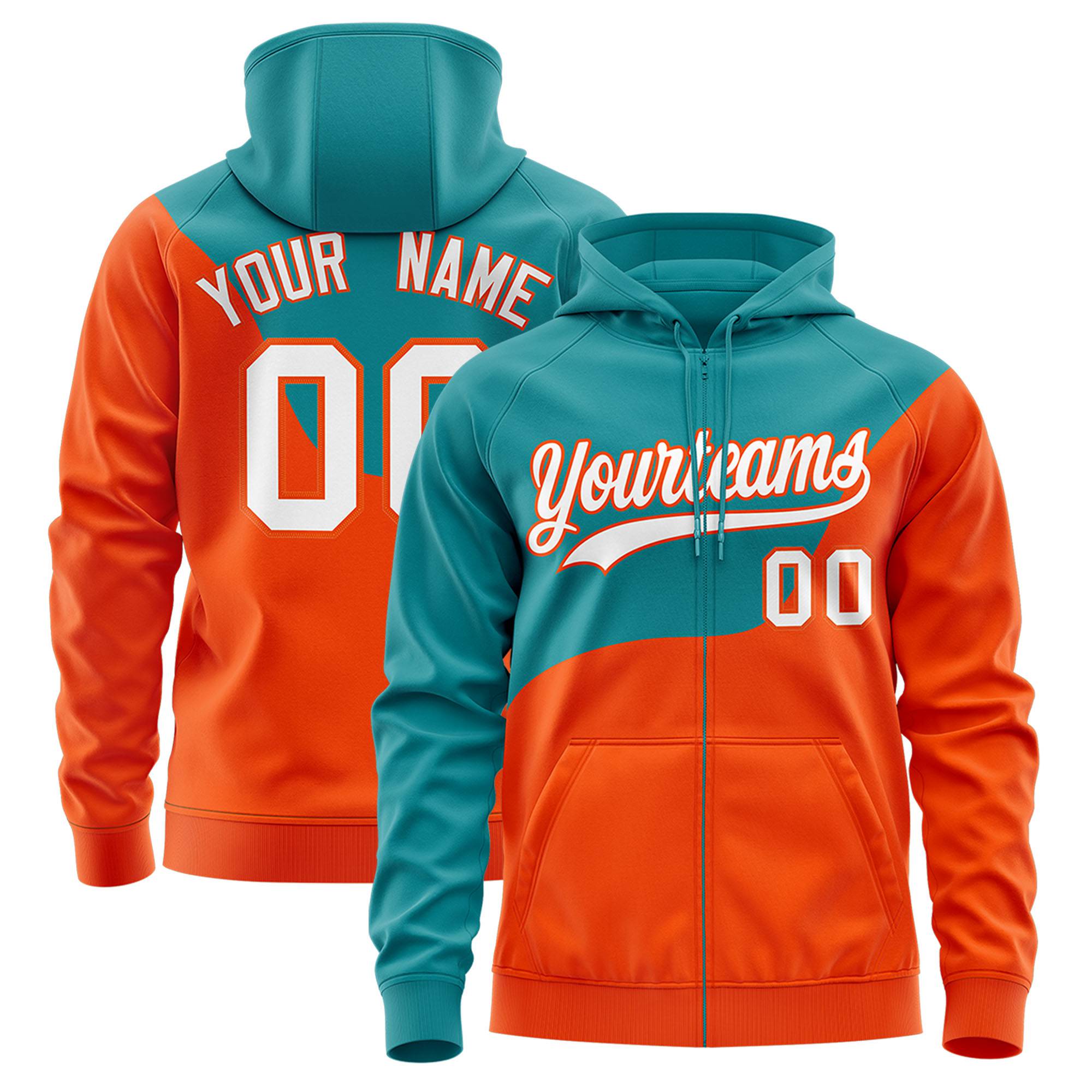 Custom Aqua Orange Color Block Varsity Full-Zip Letterman Wave Hoodie Jacket