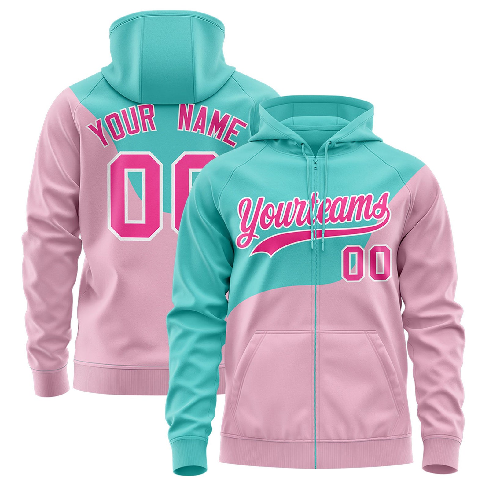 Custom Aqua Light Pink Color Block Varsity Full-Zip Letterman Wave Hoodie Jacket
