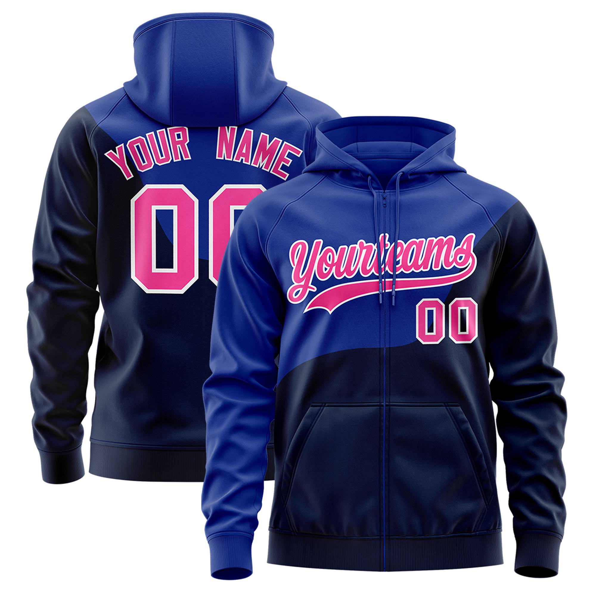 Custom Royal Blue Navy Color Block Varsity Full-Zip Letterman Wave Hoodie Jacket