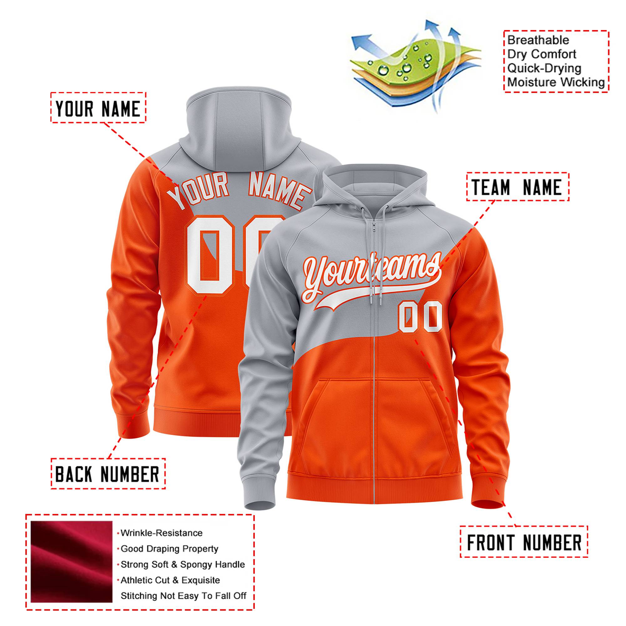 Custom Gray Orange Color Block Varsity Full-Zip Letterman Wave Hoodie Jacket