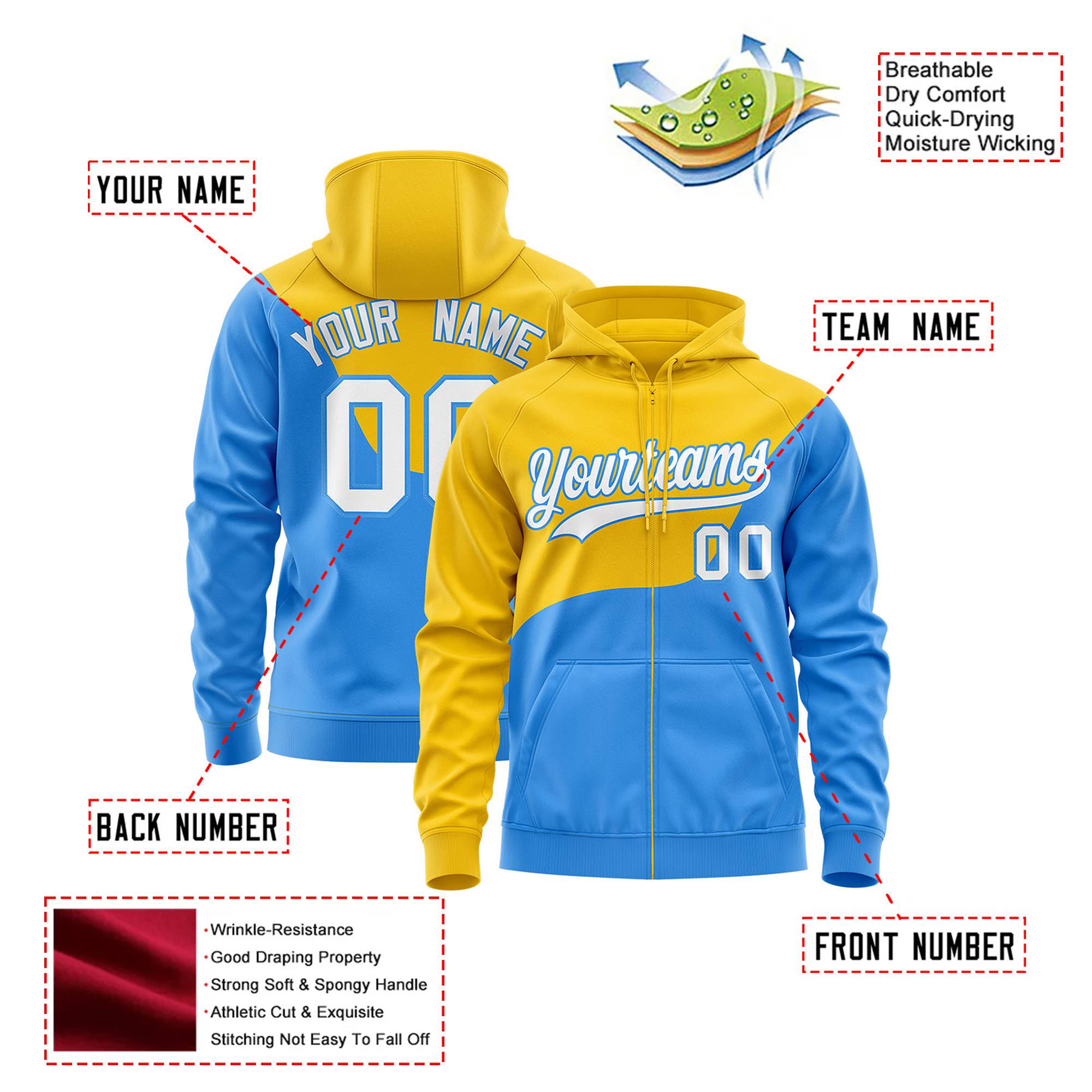 Custom Gold Powder Blue Color Block Varsity Full-Zip Letterman Wave Hoodie Jacket