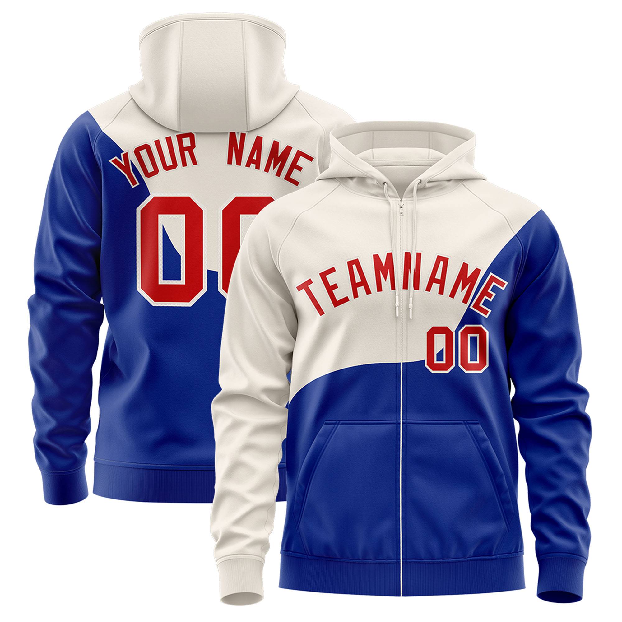 Custom Cream Royal Blue Color Block Varsity Full-Zip Letterman Wave Hoodie Jacket